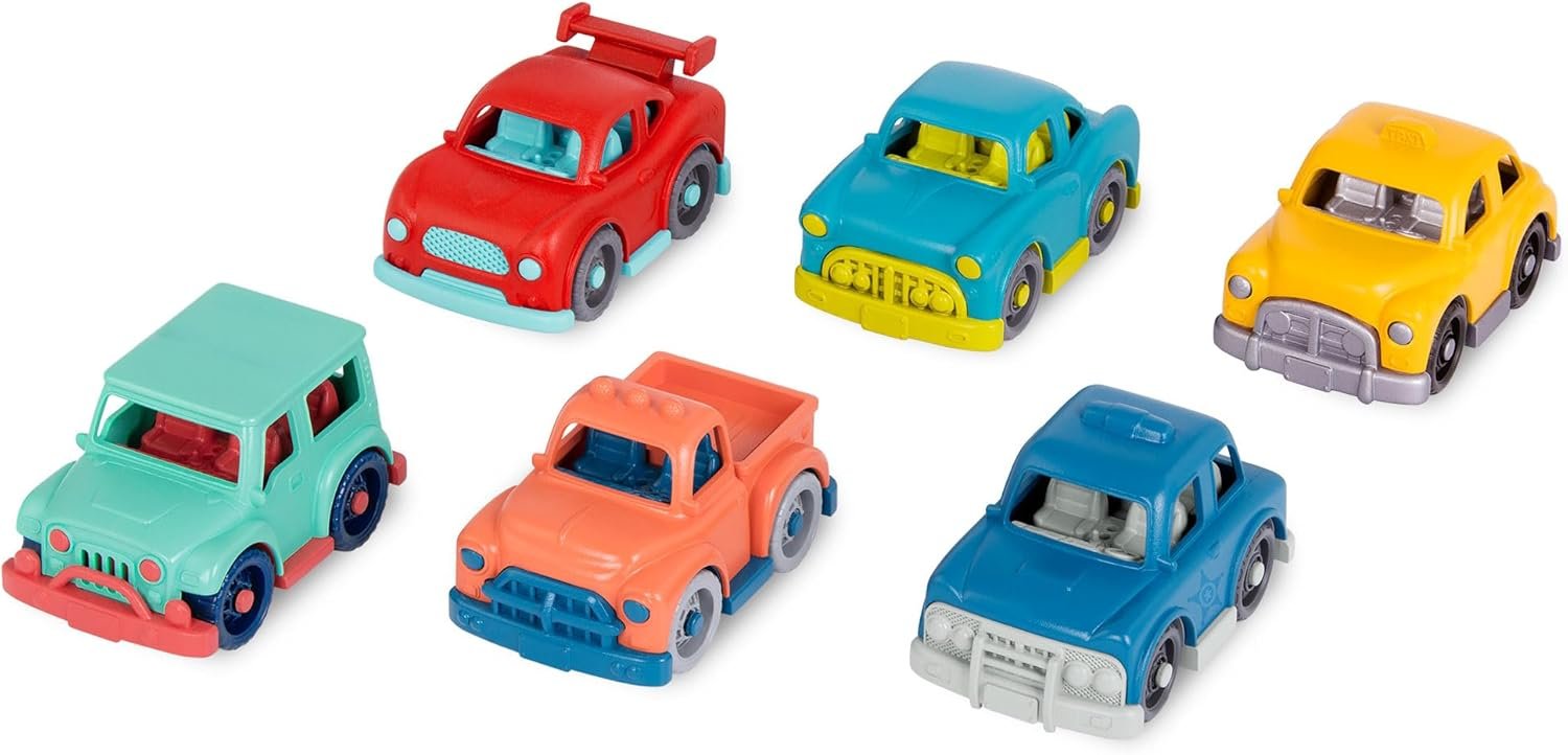 Battat – Wonder Wheels – Set of 6 Mini Toy Cars for Kids – Race Car, Truck, Taxi, Police, Retro, 4x4 – Pretend Play – Recyclable Materials – Mini Riders – 1 Year +