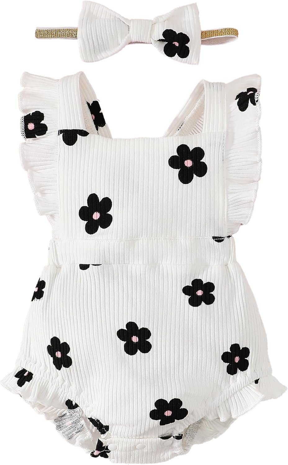 Fullfamous Baby Girl Ruffled Jumpsuit and Headband Set
