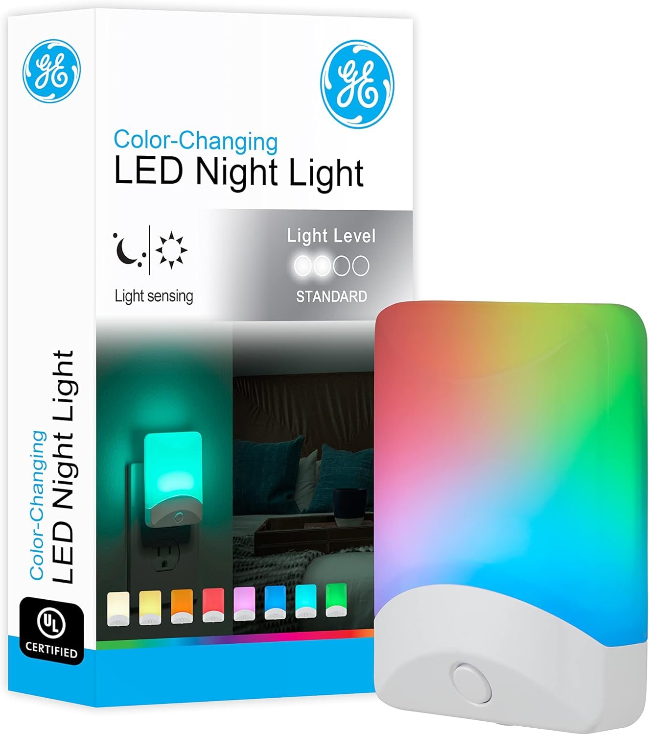 GE Color Changing LED Night Light for Kids, Dusk to Dawn Sensor, Home Decor Apartment Essentials, Wall Lights for Bedroom, Ambient Lighting, Nightlights Plug In, 1 pack, 34693