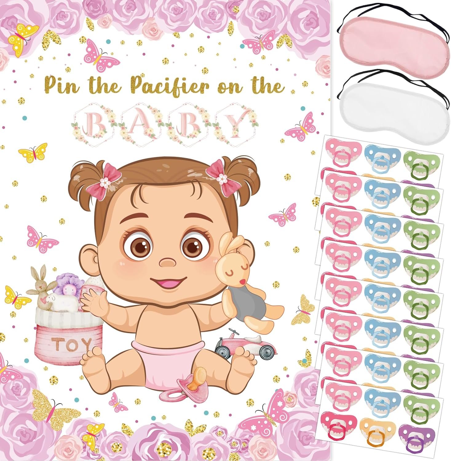 Pin The Pacifier On The Baby Game, Pink Baby Shower Decoration Pin Pacifier on Baby Poster Butterfly Theme Decor with 48 Pacifier Stickers Game for Baby Shower Party Birthday Party Supplies