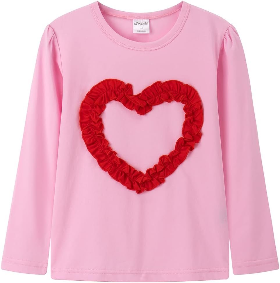 Noomelfish Girls Ruffle Heart T-Shirts Cute Long Sleeve Tee Tops (4-12 Years)