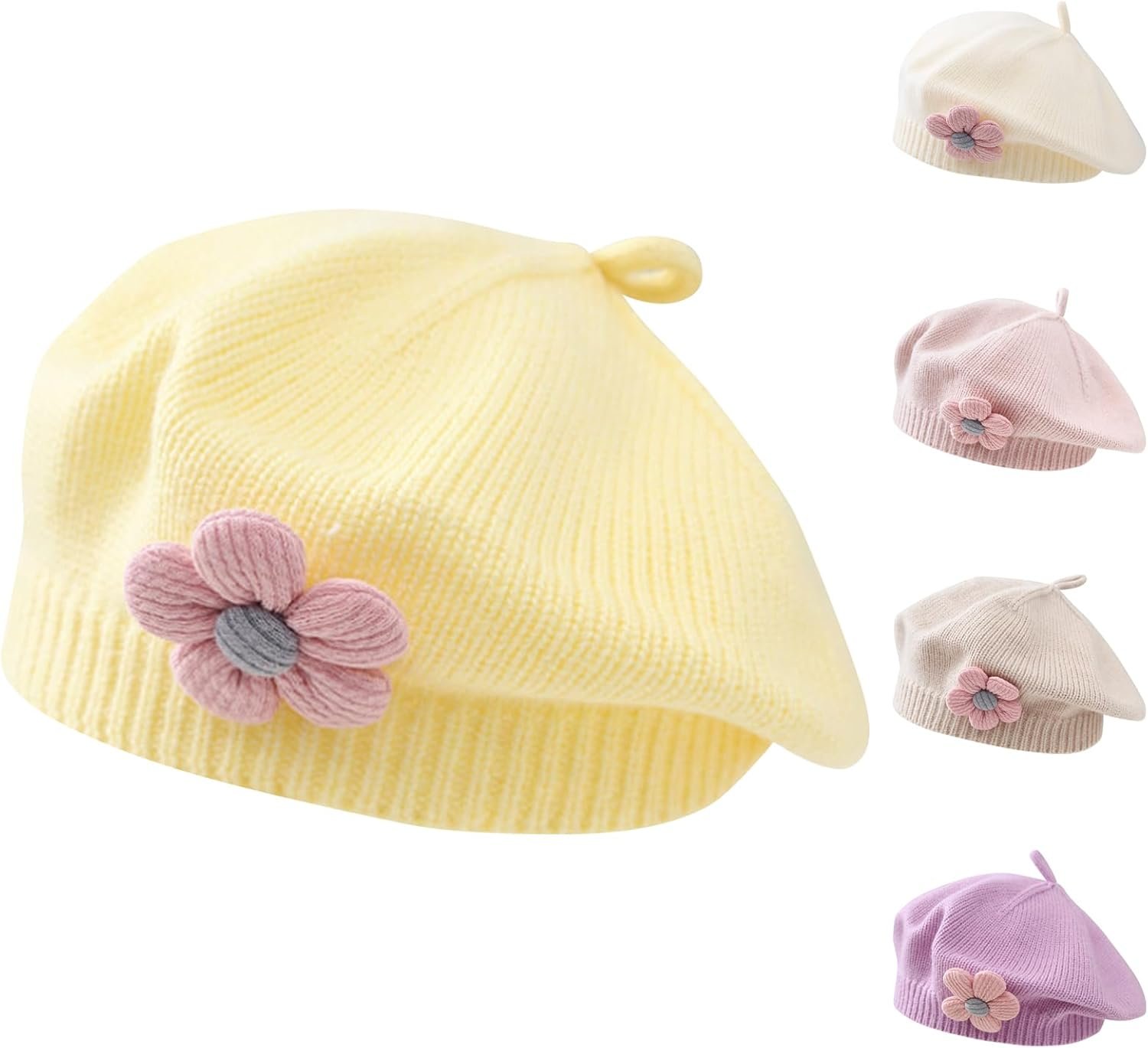 Winmany Baby Beret Hat Toddler Winter Knitted Beanie Cap with Cute Flower Little Girls French Hat for 0-3Years