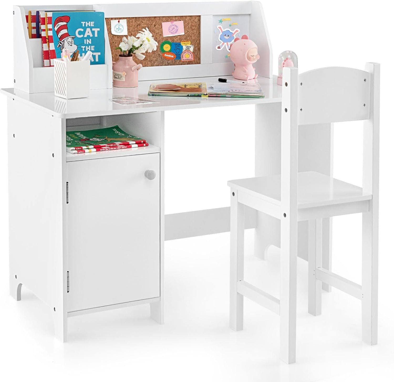 HONEY JOY Kids Desk and Chair Set, Wooden Children School Study Table and Chair w/Whiteboard, Hutch, Storage Shelves, Student Writing Desk Computer Workstation for Bedroom, 3+ Years Old (White)