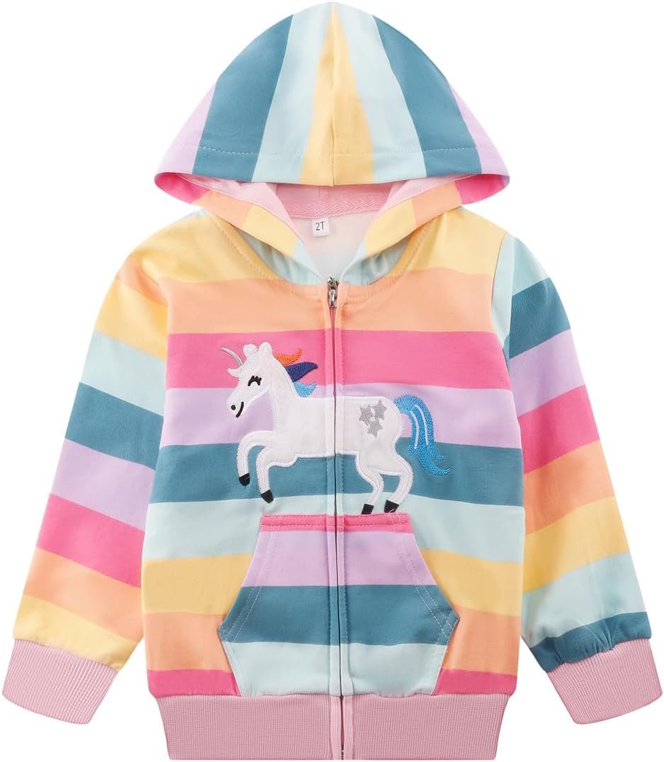 Little Girl Zip Up Hoodie Unicorn Rainbow Hooded Sweatshirt Back to School Jacket Pink Outerwear 6T