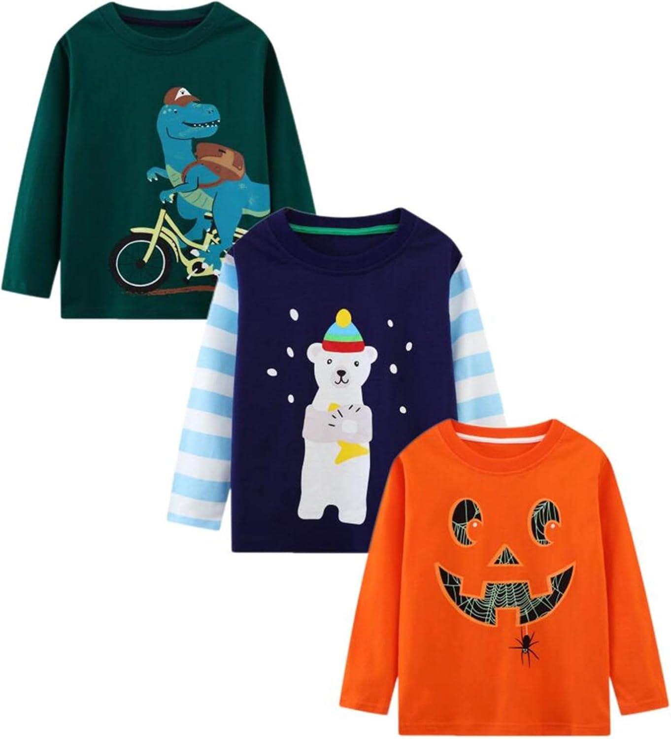 Boys Long Sleeve T-Shirt Cotton Casual Winter Crewneck Basic Active Tops Tee Tunic Shirts 3 Packs Sets
