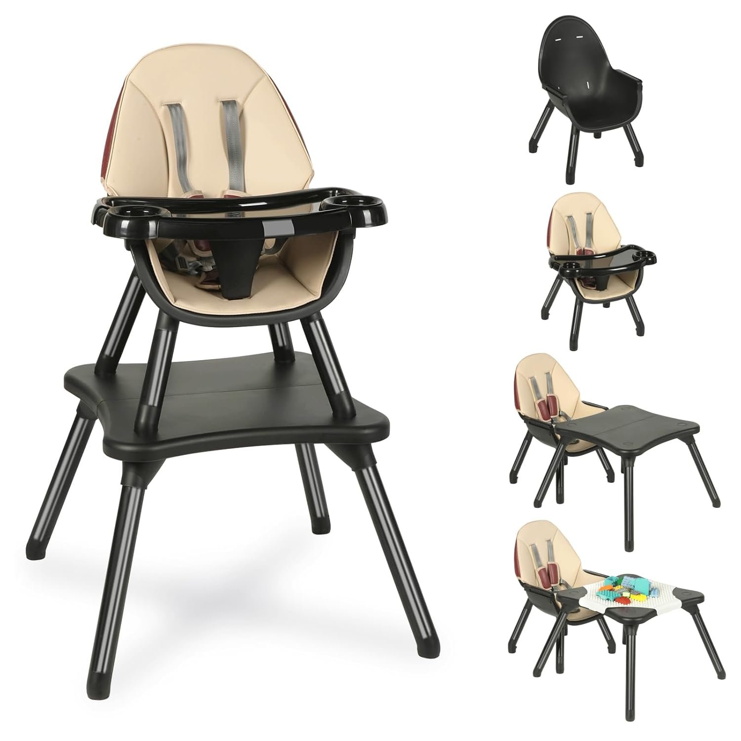Baby Highchair,6 in 1 High Chairs for Babies and Toddler Baby Feeding Chair Coverts to HighChair for Babies, Kids Learning Table,Building Block Table,Kids Stool Removable Tray & Safety Harness(Black)