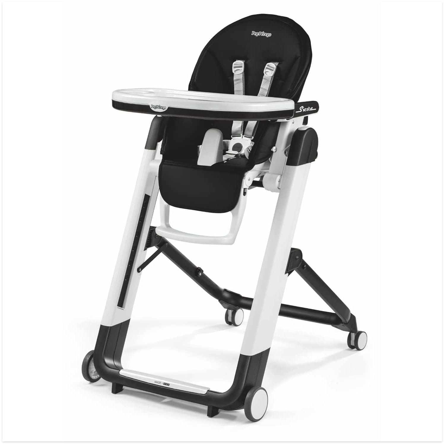 Peg Perego Siesta, Grow With Baby Folding High Chair & Recliner, Height Adjustable, Quick Clean & Easy Push Wheels For Babies & Toddlers, Made in Italy, Licorice (Black)
