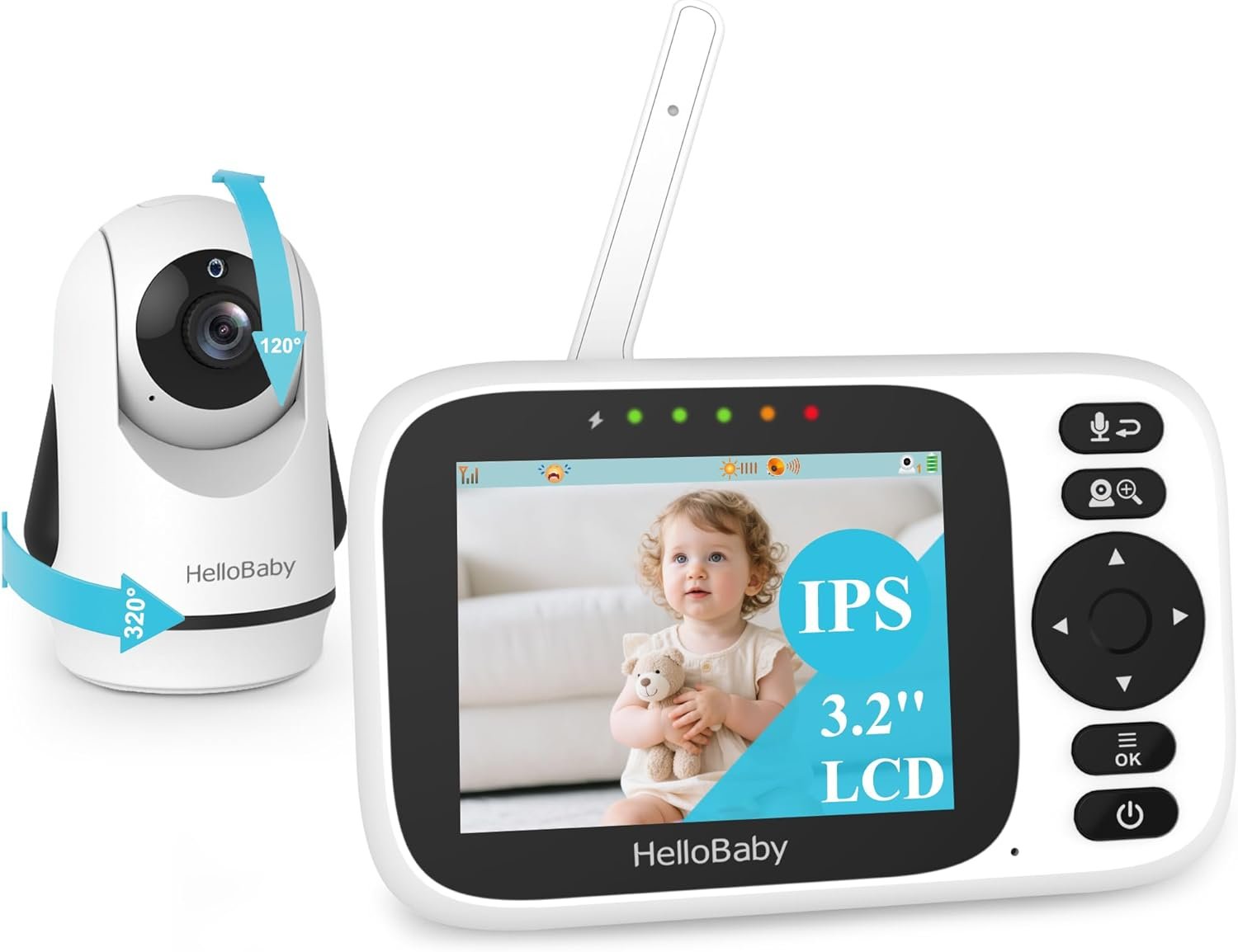 HelloBaby Baby Monitor with Camera and Audio, 3.2'' IPS Screen, No WiFi, 2-Way Talk, Night Vision, Remote Pan-Tilt-Zoom, VOX/ECO Mode, 8 Lullabies, 1000ft Range, Temperature Display, HB6339