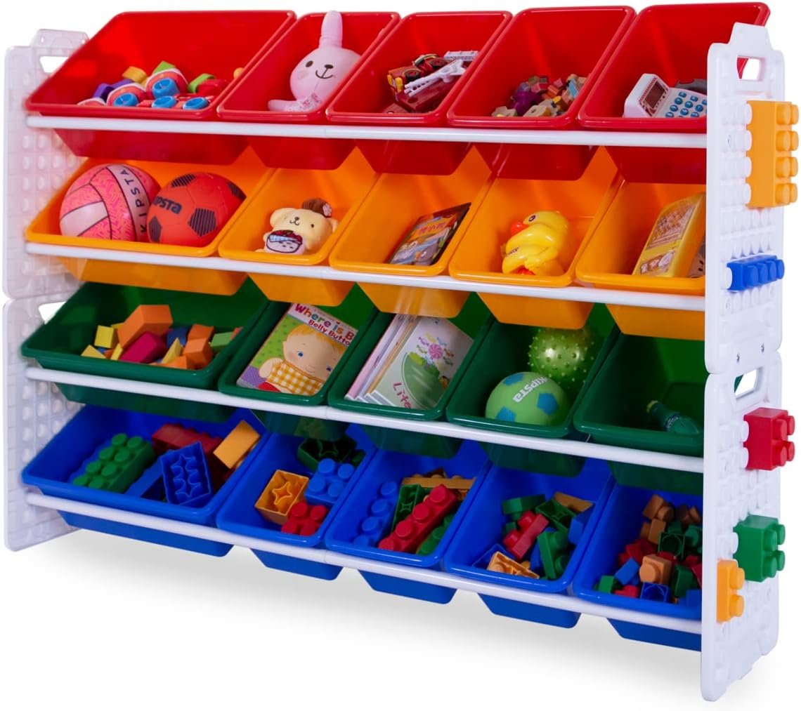 UNiPLAY Toy Organizer with 20 Removable Storage Bins, Multi-Bin Organizer for Books, Building Blocks, School Materials, Toys with Baseplate Board Frame (Primary)