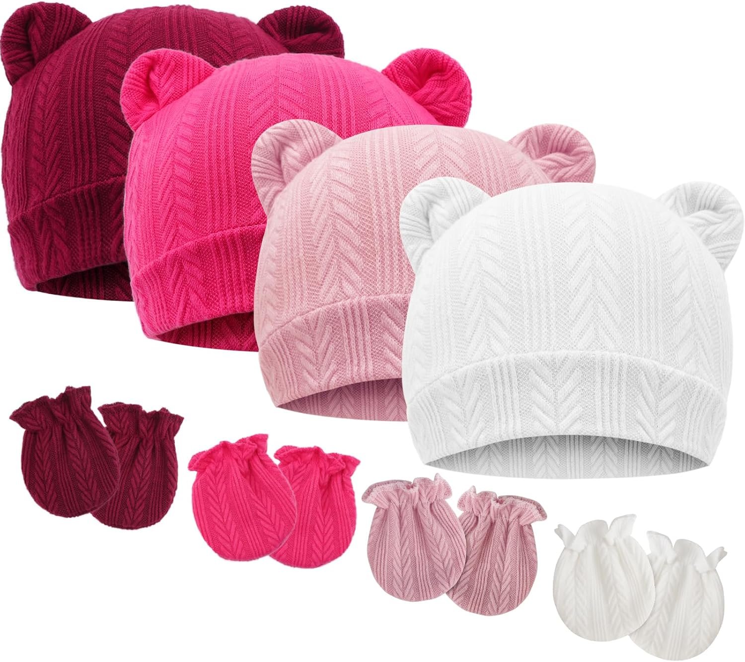 BQUBO Newborn Baby Hats Bear Ears and Mittens Sets Preemie Caps Baby Boy Girl Infant Hospital Beanie for 0-3 Months