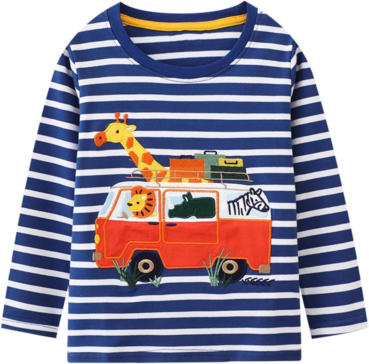 Toddler Baby Boy Embroidered Graphic Long Sleeve T-Shirt Excavator Tops Kids Striped Tees for 2-7T
