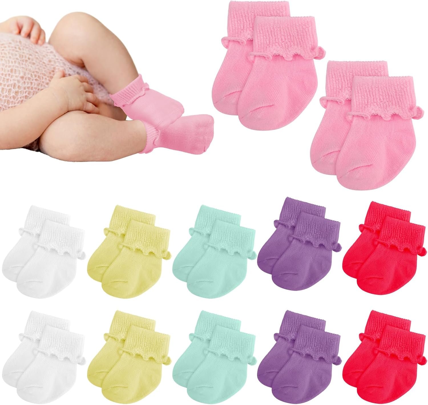 Toulite 12 Pairs Preemie Newborn Baby Ankle Socks Ruffle Turn Cuff Cotton Non-slip Warm Socks for Girls and Boys Infant