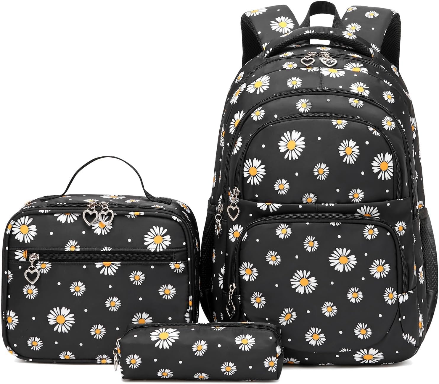 ZHIERNA Daisy Backpack for Girls Toddler Tie Dye Bookbag with Lunch Bag Preschool Simple Modern Backpack School 3pcs Set, Lightweight Elementary Book bag Girl（Black）