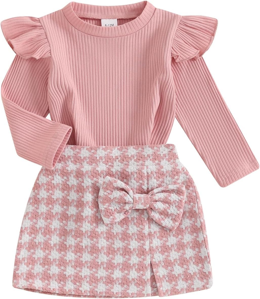 Toddler Baby Girl Skirt Set Knitted Ribbed Ruffle Long Sleeve T-Shirt Tops Plaid Skirt Fall Winter Clothes Outfits