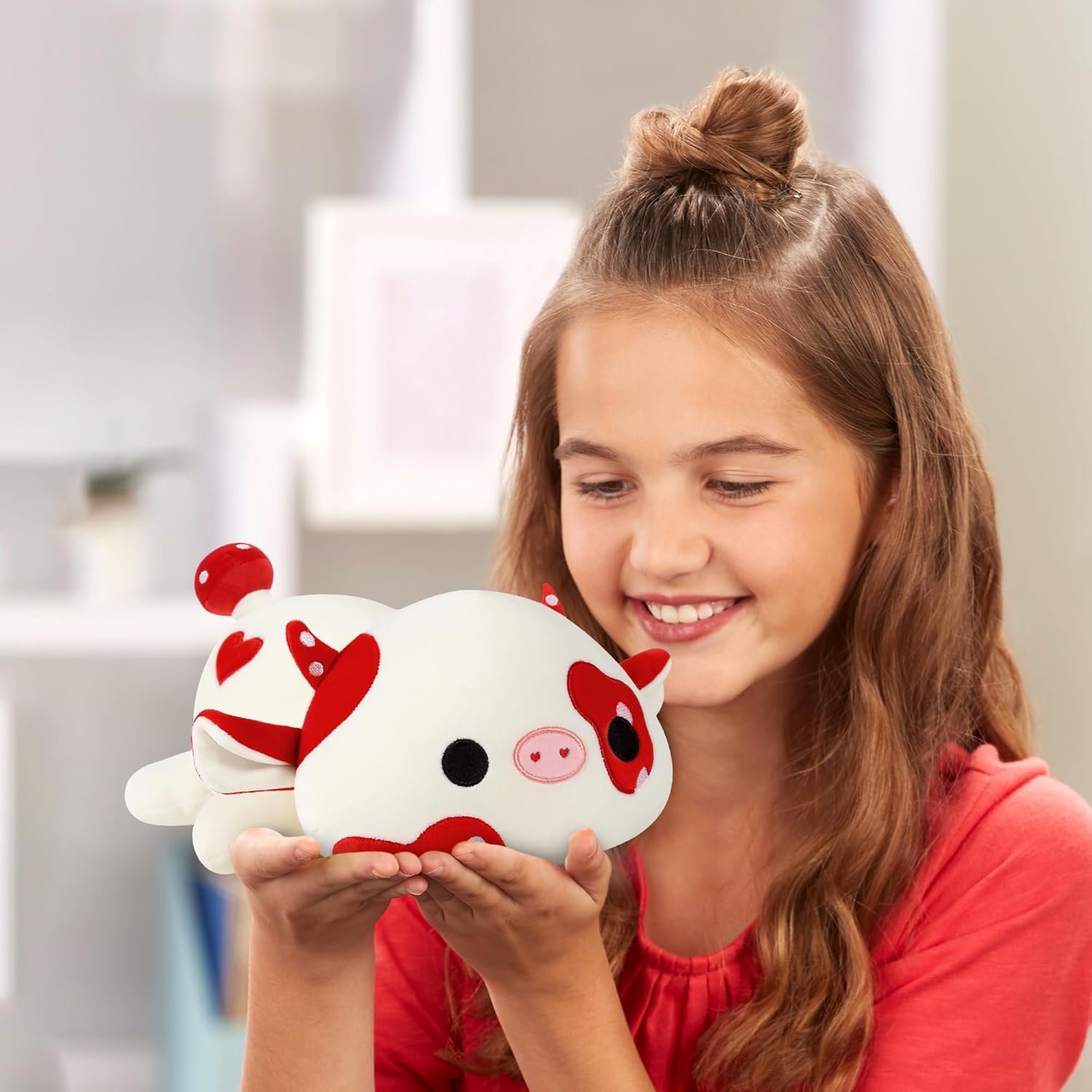 Onsoyours 9 Inch Cow Plush, Cute Mushroom Love Cow Red and White Stuffed Animal, Little Ultrasoft Plush Toy Gift for Kids