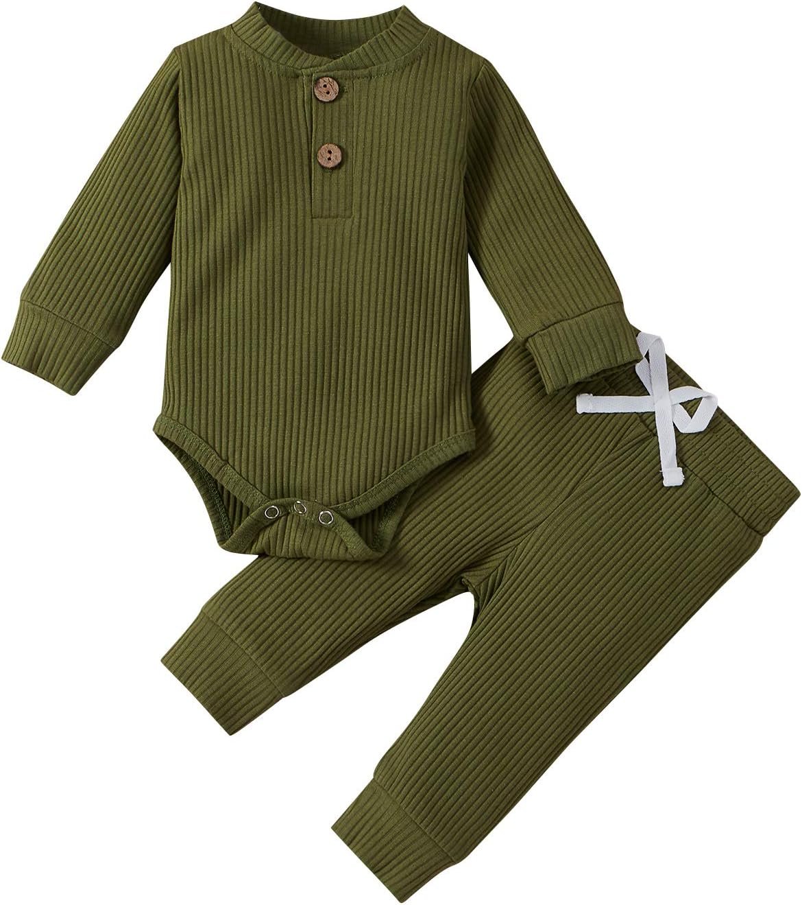 Newborn Baby Boy Girl Clothes Ribbed Knitted Cotton Long Sleeve Romper Long Pants Solid Color Fall Winter Outfits