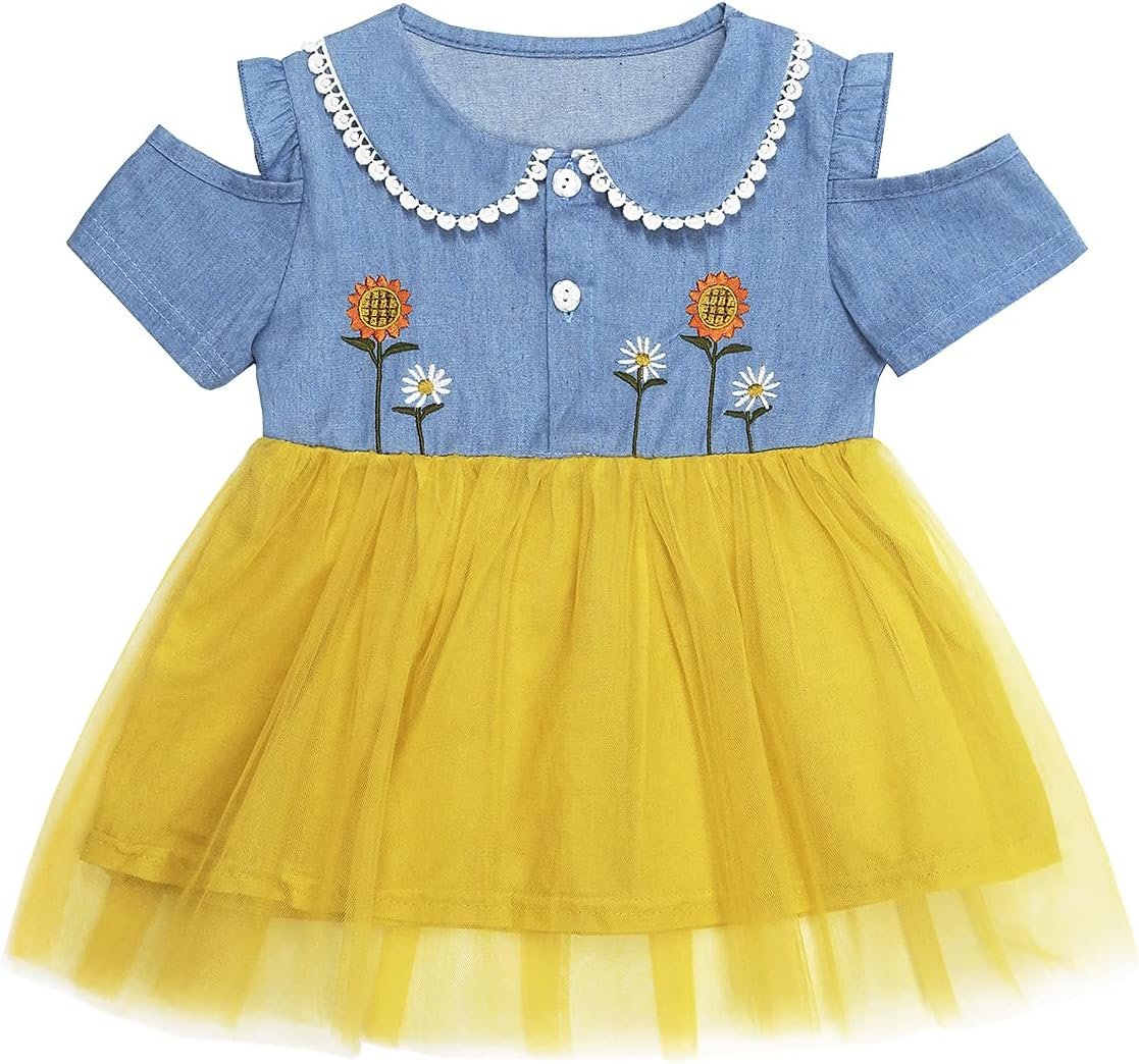 KIDSCOOL SPACE Baby Girls Overalls Jean Dress, Flower Embroidered Double Color Spliced Tulle Skirts