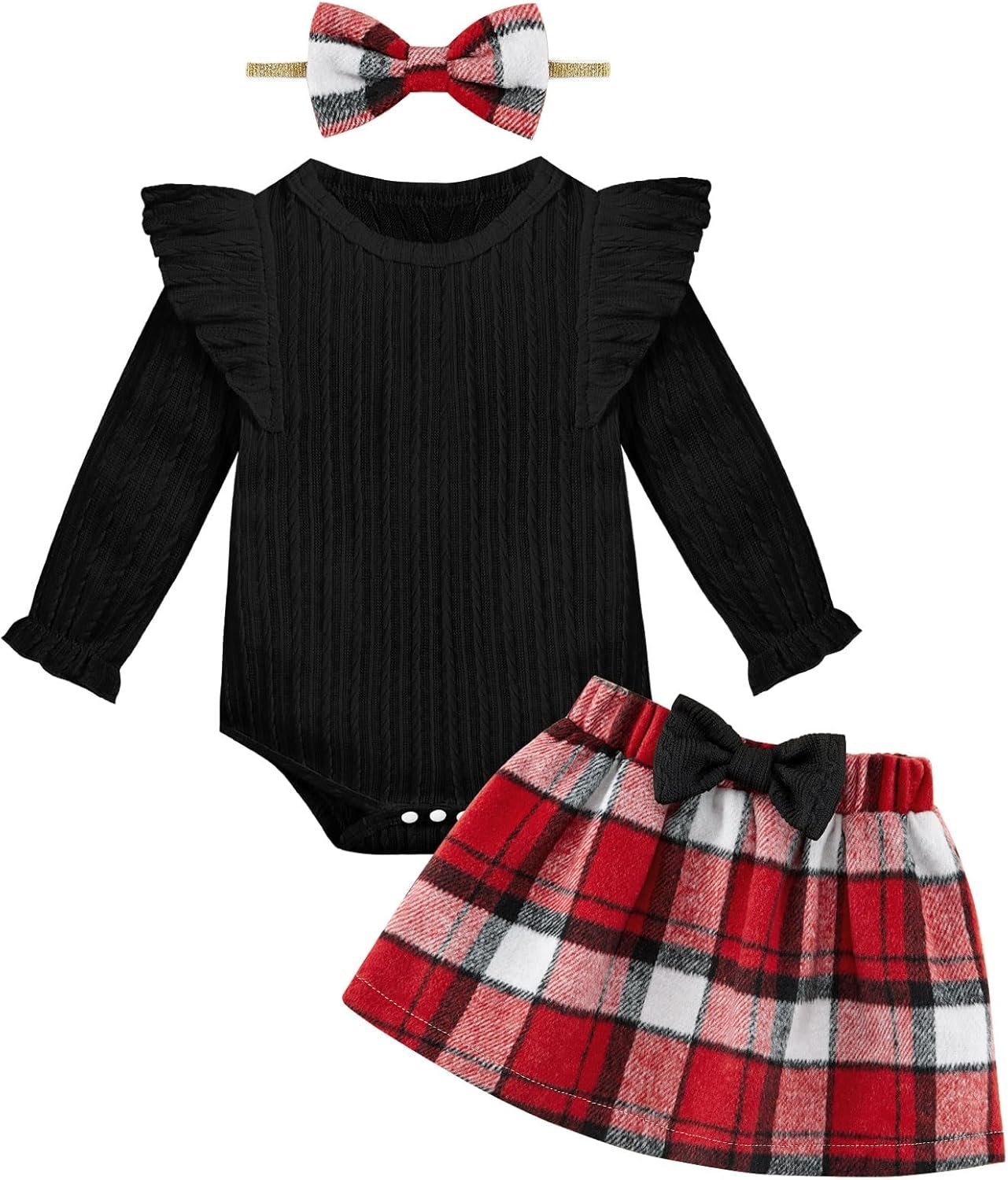 Weixinbuy Baby Girls Fall Outfits 3-Piece Set Long Sleeve Romper & Plaid Skirt Headband Soft Snap Closure 0-18M