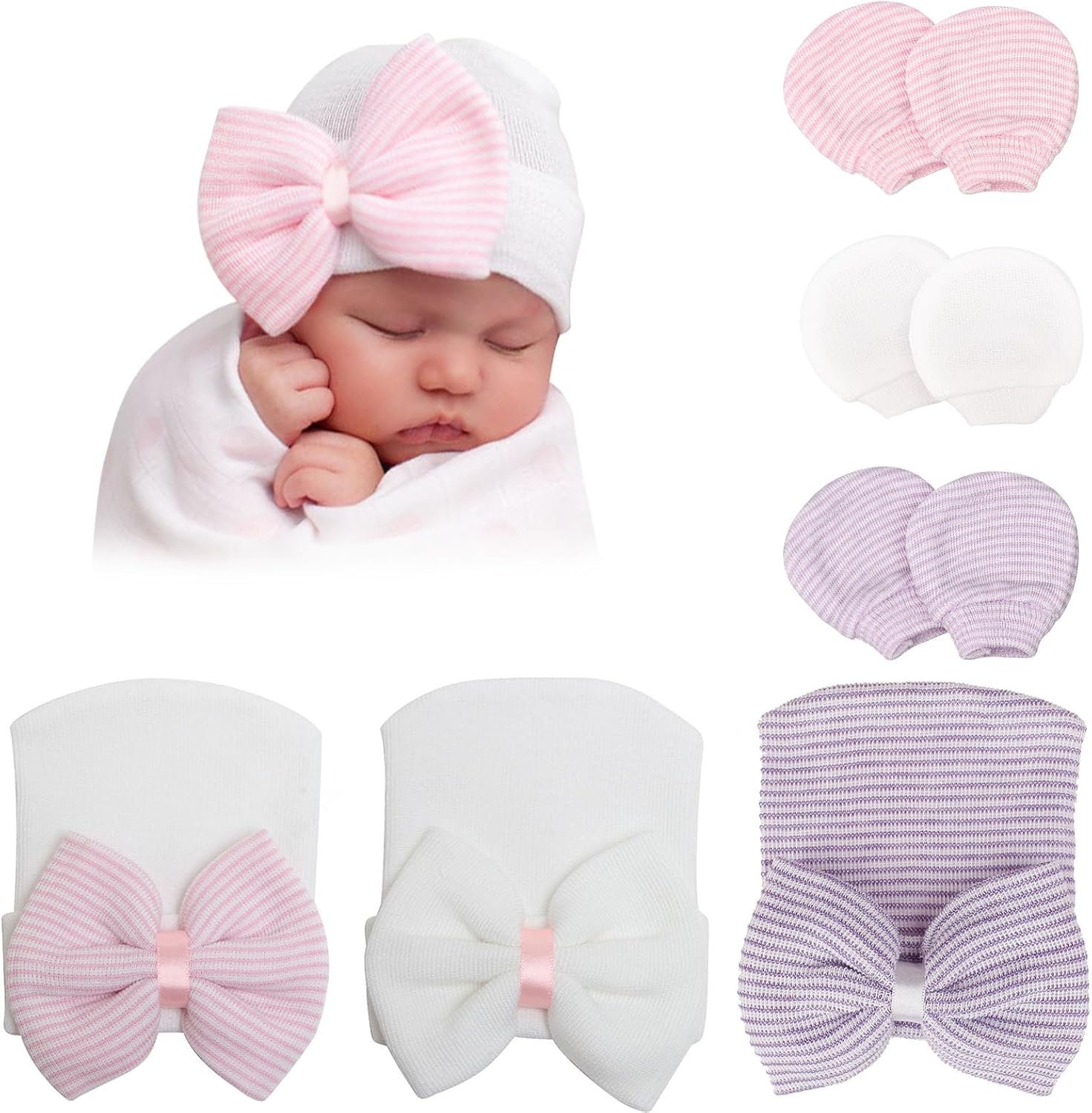 DRESHOW BQUBO Newborn Hospital Hat and Mittens Infant Baby Beanie Soft Cotton Cute Knot Nursery Cap for 0-3 Months Girls Boys
