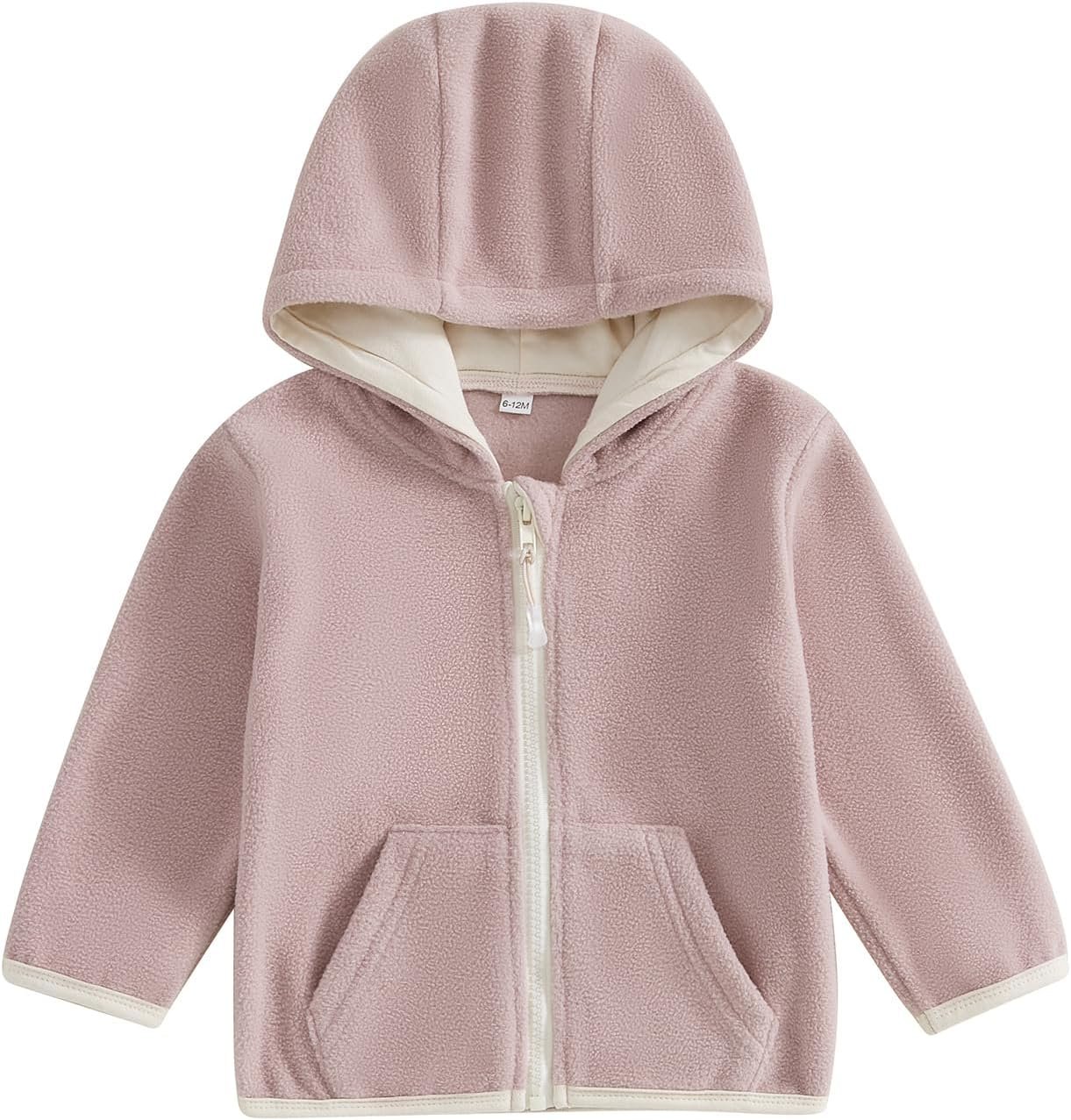 Toddler Boy Girl Fleece Zipper Hoodie Fall Winter Lightweight Hooded Sweatshirts Zip Up Plush Jacket Outwear (Pink, 6-12 Months)