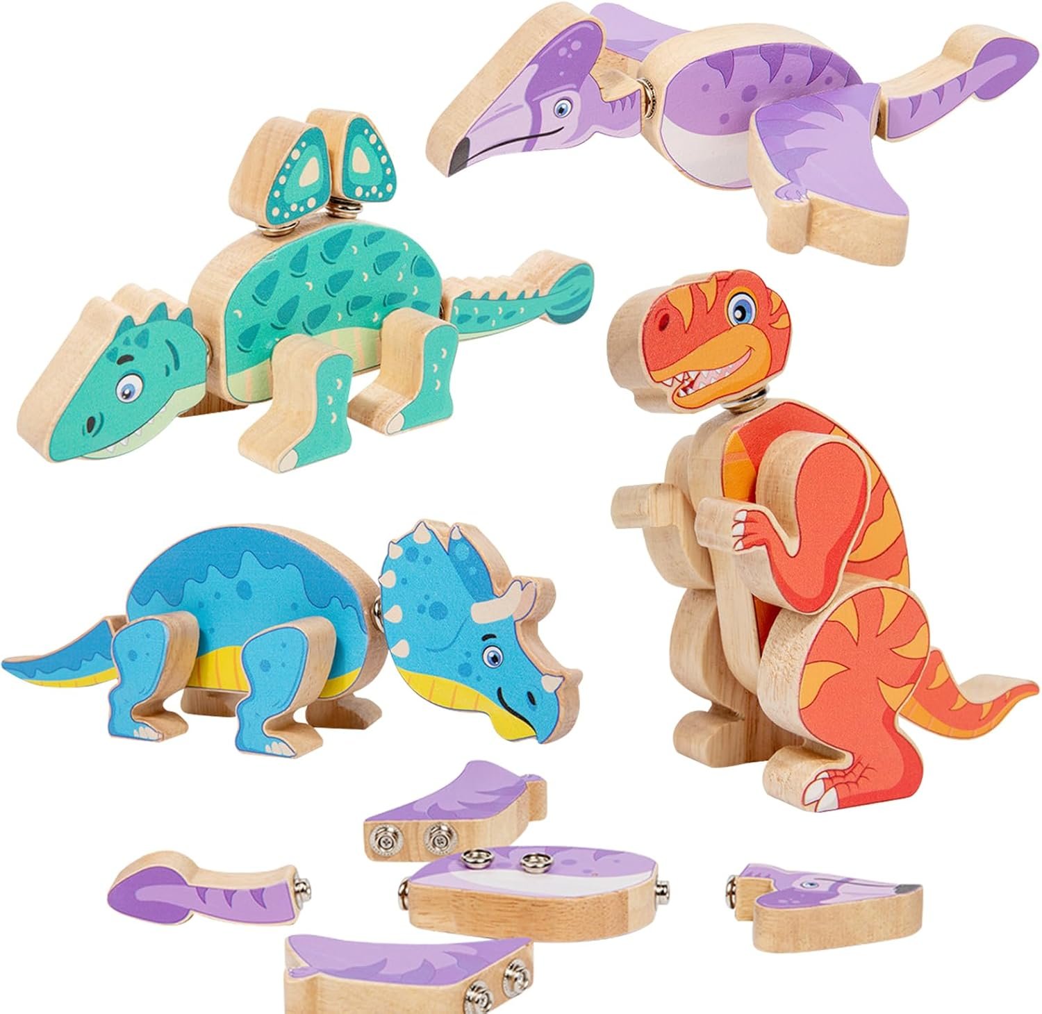 Wooden Dinosaur Blocks, Snap Together Building Toys, Dinosaur Take Apart Toy Playset for Kids, Fine Motor Skill STEM Learning Toys for Toddlers Gift for 3 4 5 6 Years Kids