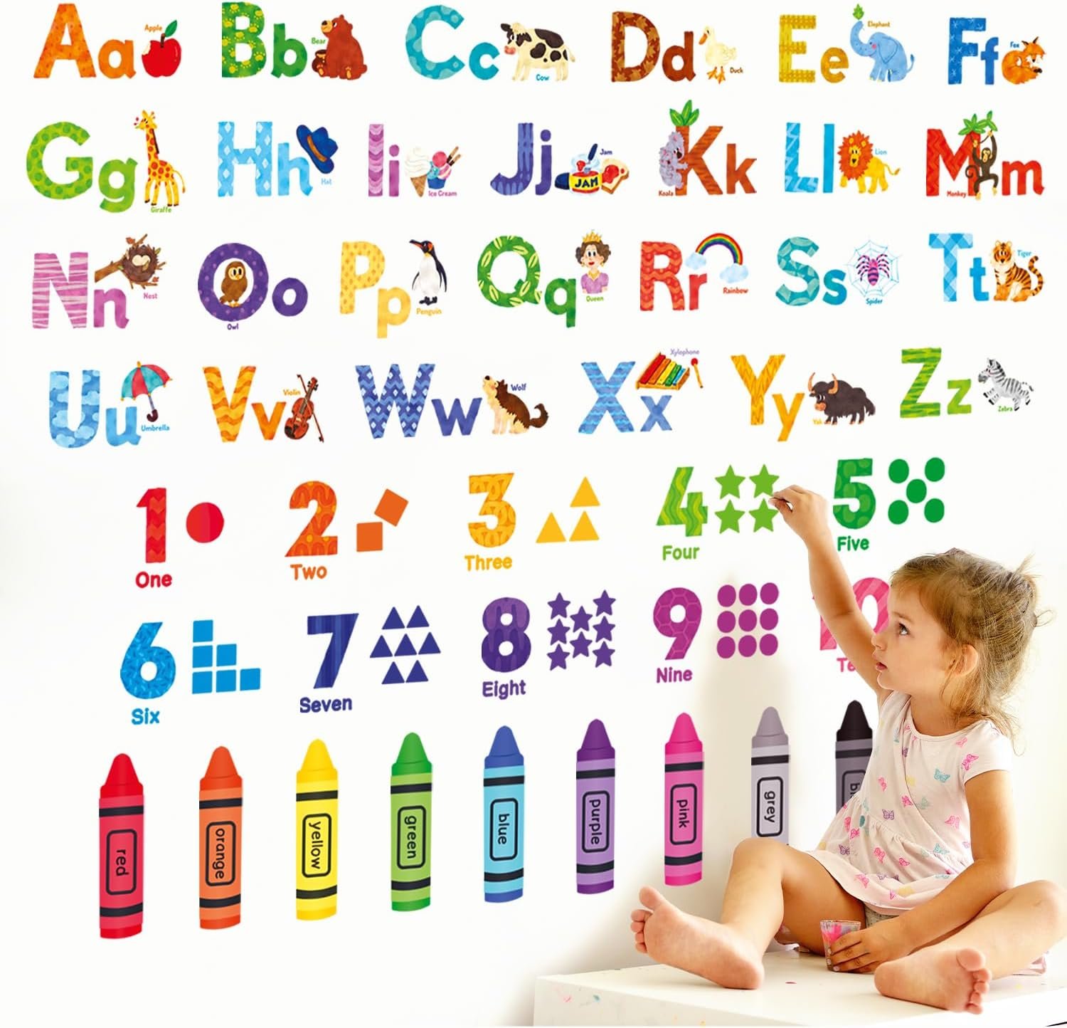 DECOWALL DS-8044 Animal Alphabet Numbers Colour Decals Stickers Kids Peel and Stick Removable for Room décor Letters ABC Classroom playroom Decorations Educational Bedroom Nursery