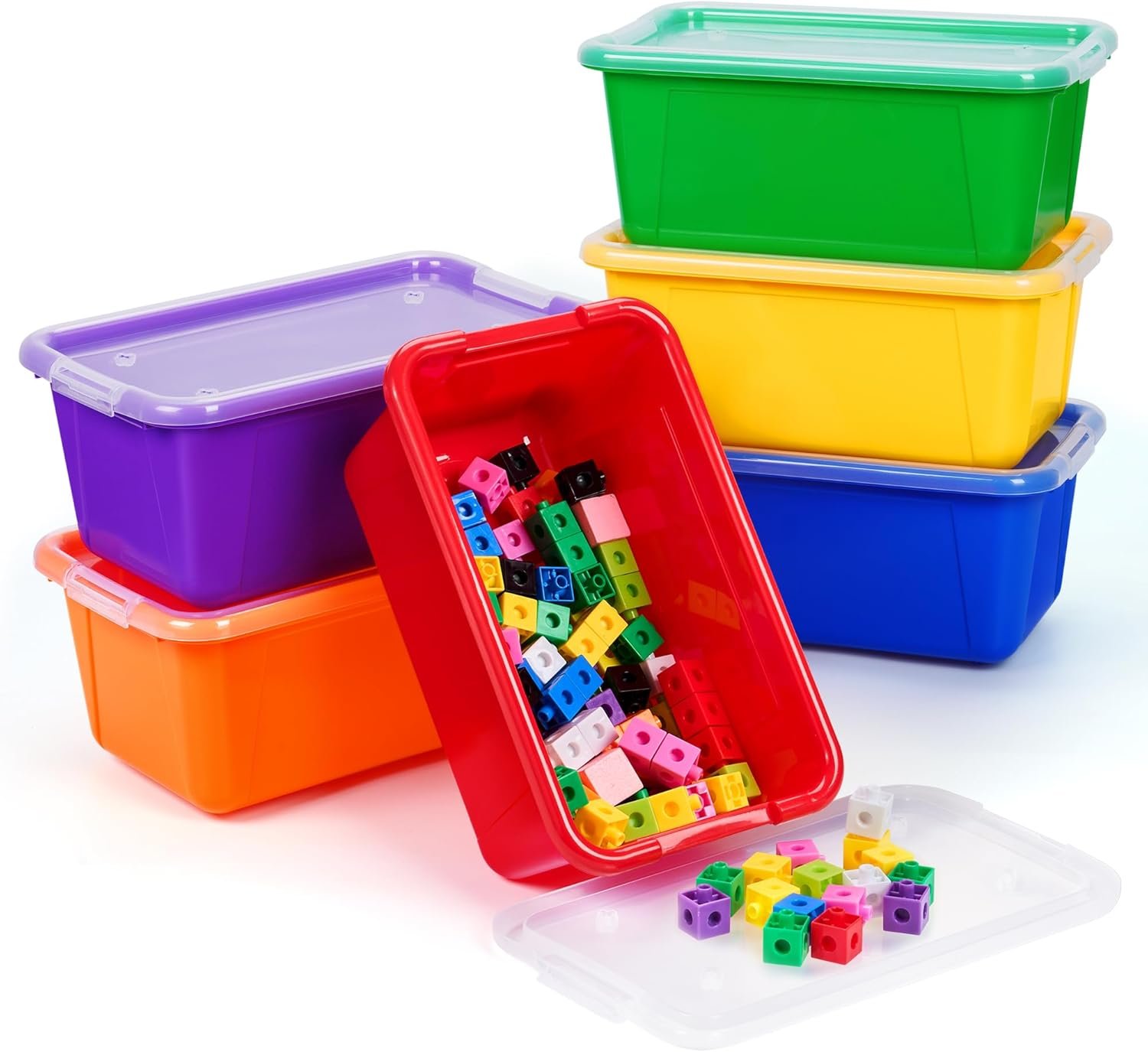 GAMENOTE Colored Plastic Storage Bins with Lids, Stackable Containers,Toy Storage Organizer - 5 Qt 6 Pack-Small Tubs,Tote Box for Classroom, Kids, Sorting (12×7.2×5.1 in)
