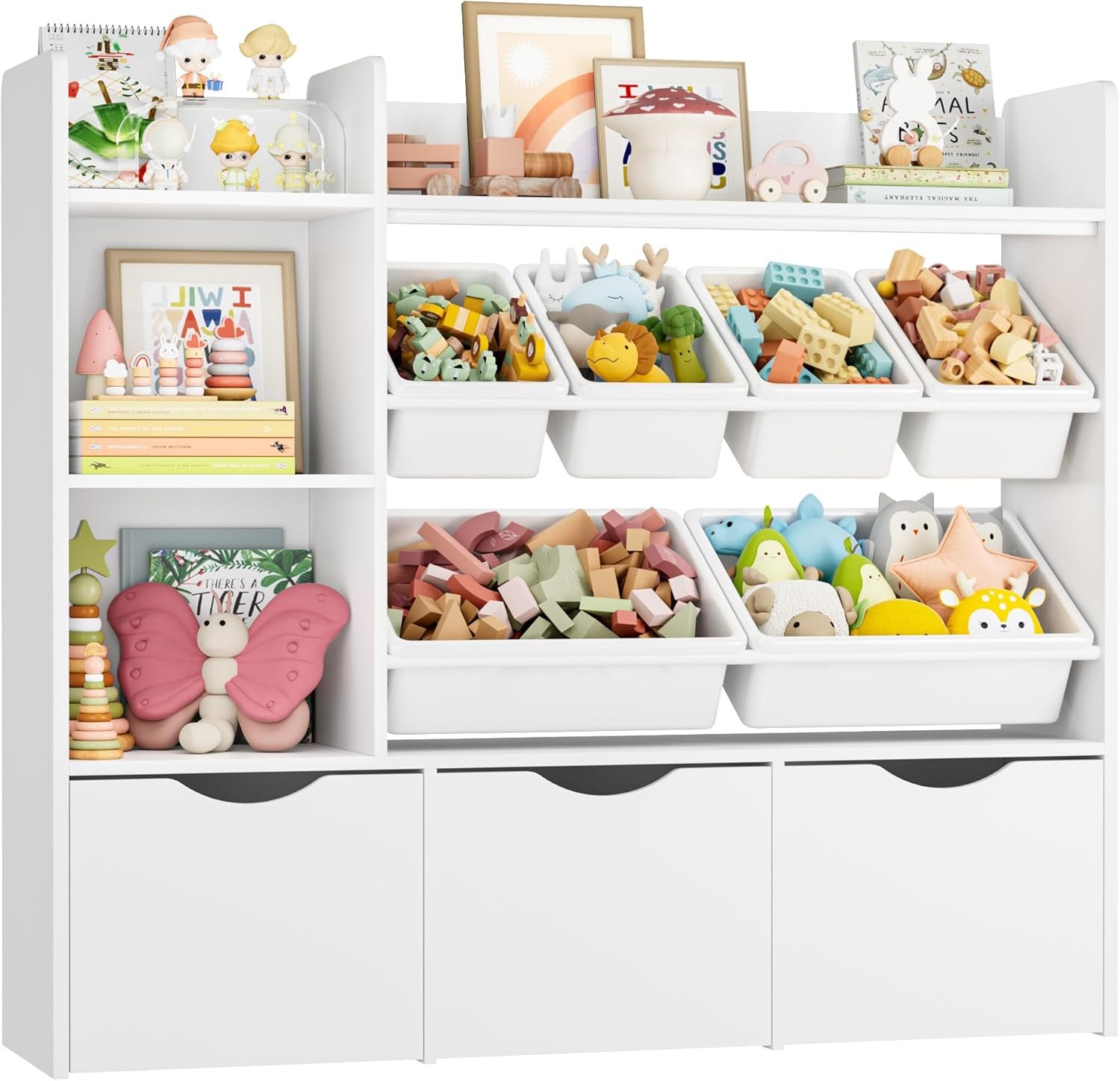 FACBOTALL Toy Storage Organizer with 3 Movable Drawers, Kids Bookshelf with 6 Plastic Bins & 2 Storage Cubbies, Toy Chest with Hidden Wheels, Toy Storage Box for Playroom, Classroom, Kids Room, White