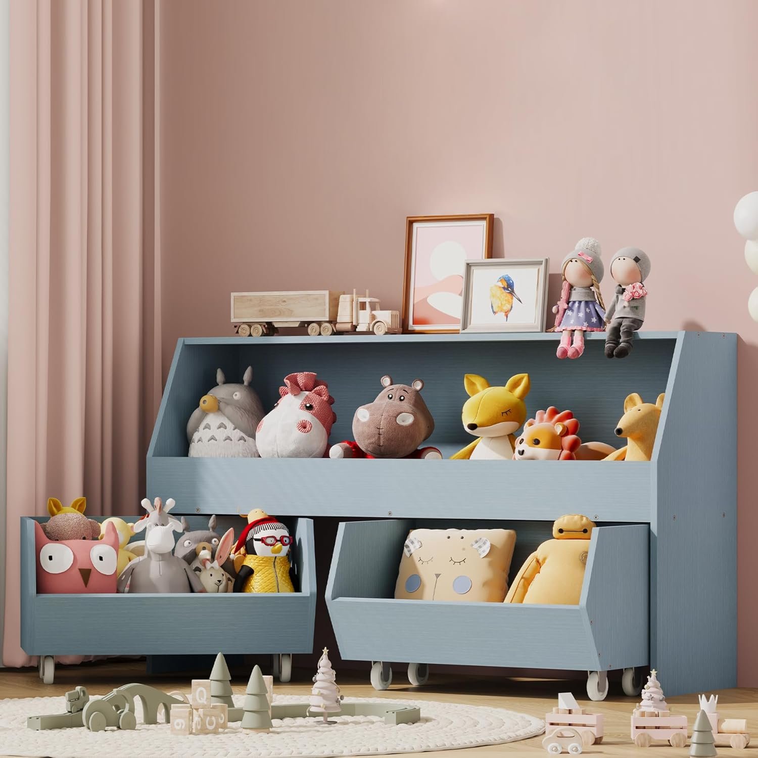 Toy Storage and Organizer for Kid, Large Toy Bin Bookcase Toy Cabinet with Two Moveable Drawers, Children Toddler Storage Carbinet with Wheels for Playroom, Bedroom, Nursery (Sky blue, Regular)
