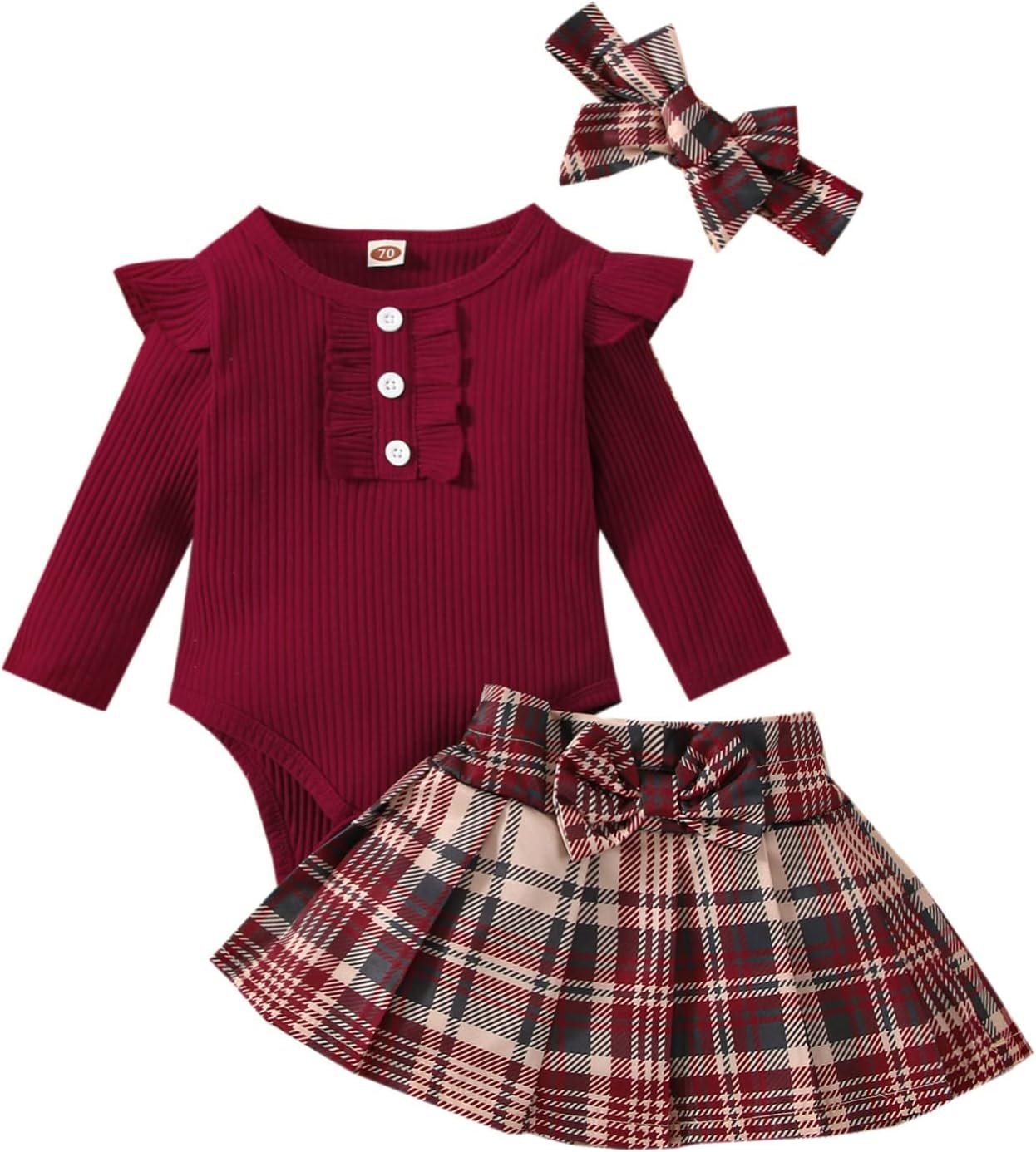 Sasaerucure Infant Baby Girl Fall Winter Outfits Long Sleeve Romper Knitted Bodysuit with Plaid Skirt 2Pcs Christmas Outfits