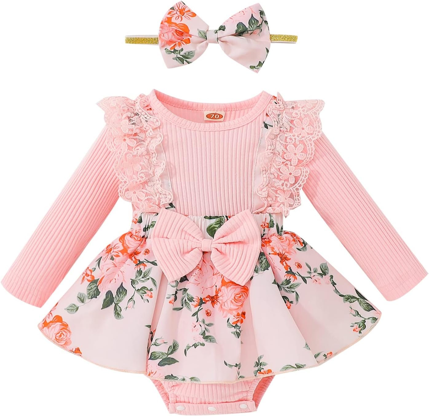 Newborn Baby Girl Romper Dress Ruffle Long Sleeve Ribbed Knit Overall Skirt Headband Infant Fall Winter Clothes