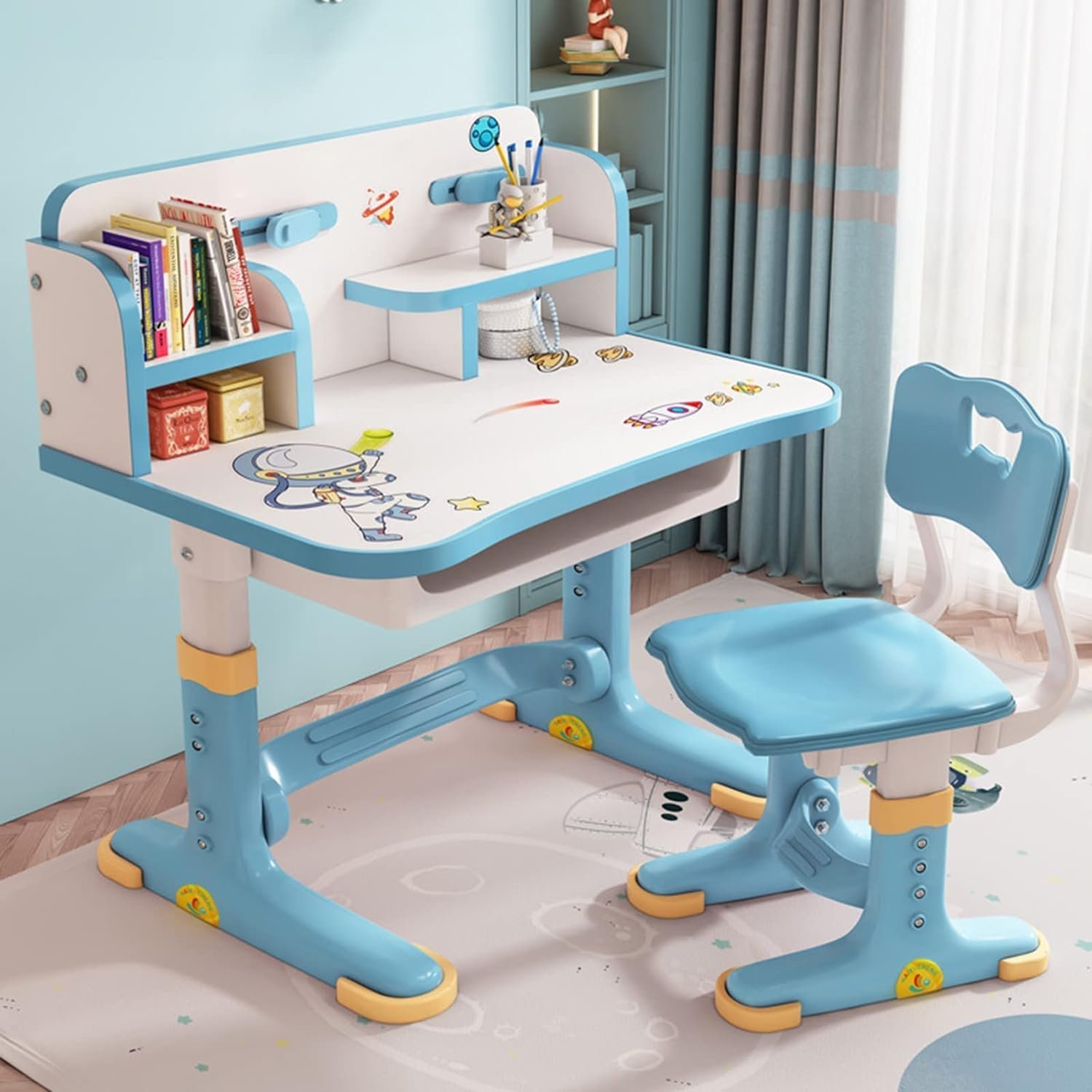 Kids Desk and Chair Set, Study Table and Chair, Desk for Kids, Children's Desks with Golden Distance Design, Homeschooling Writing Desk with Desktop for Boys and Girls (Blue 1)