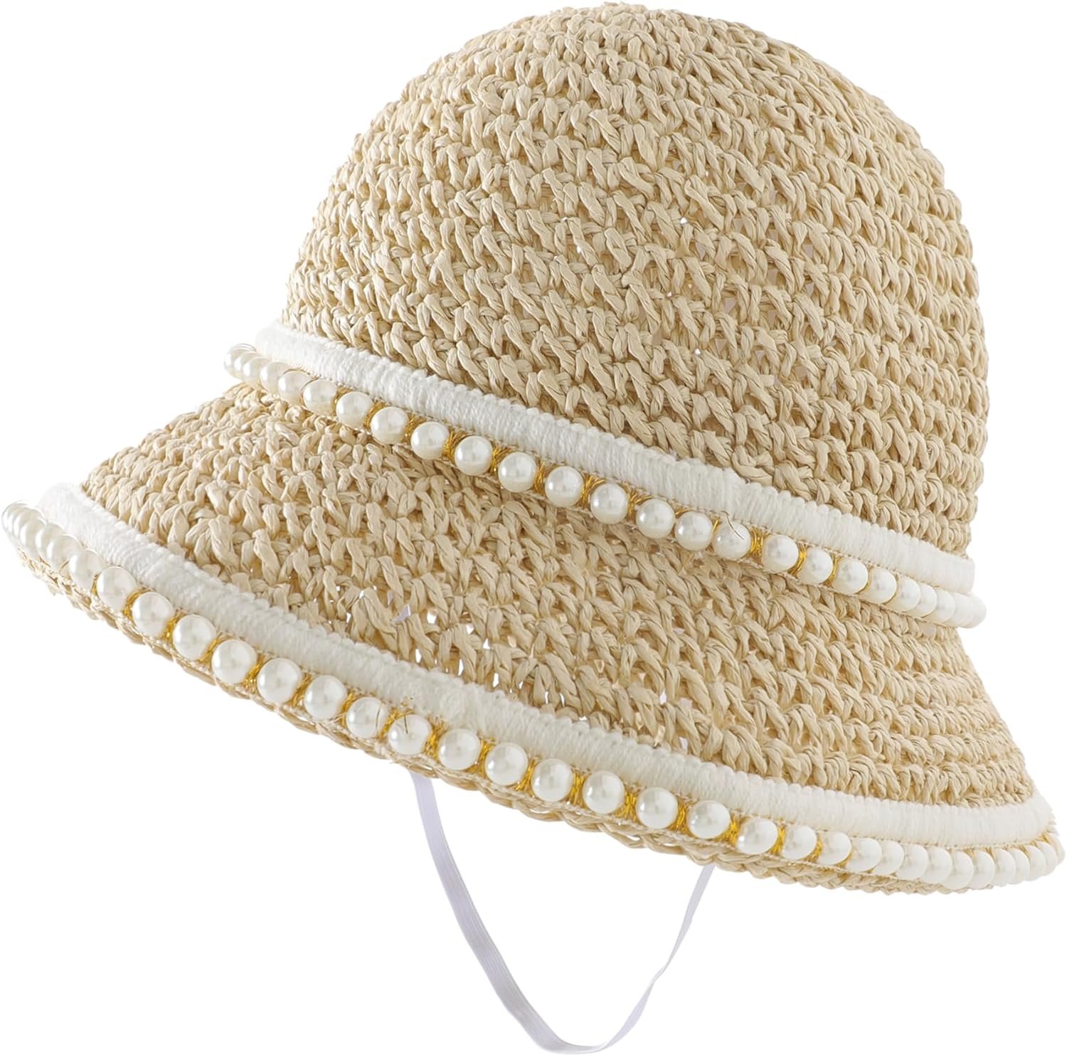 Baby Straw Hat, Baby Girls Bucket Sun Hat with Pearl, Sun Bonnet for Baby Girls Infant, Beige 6-24 Months