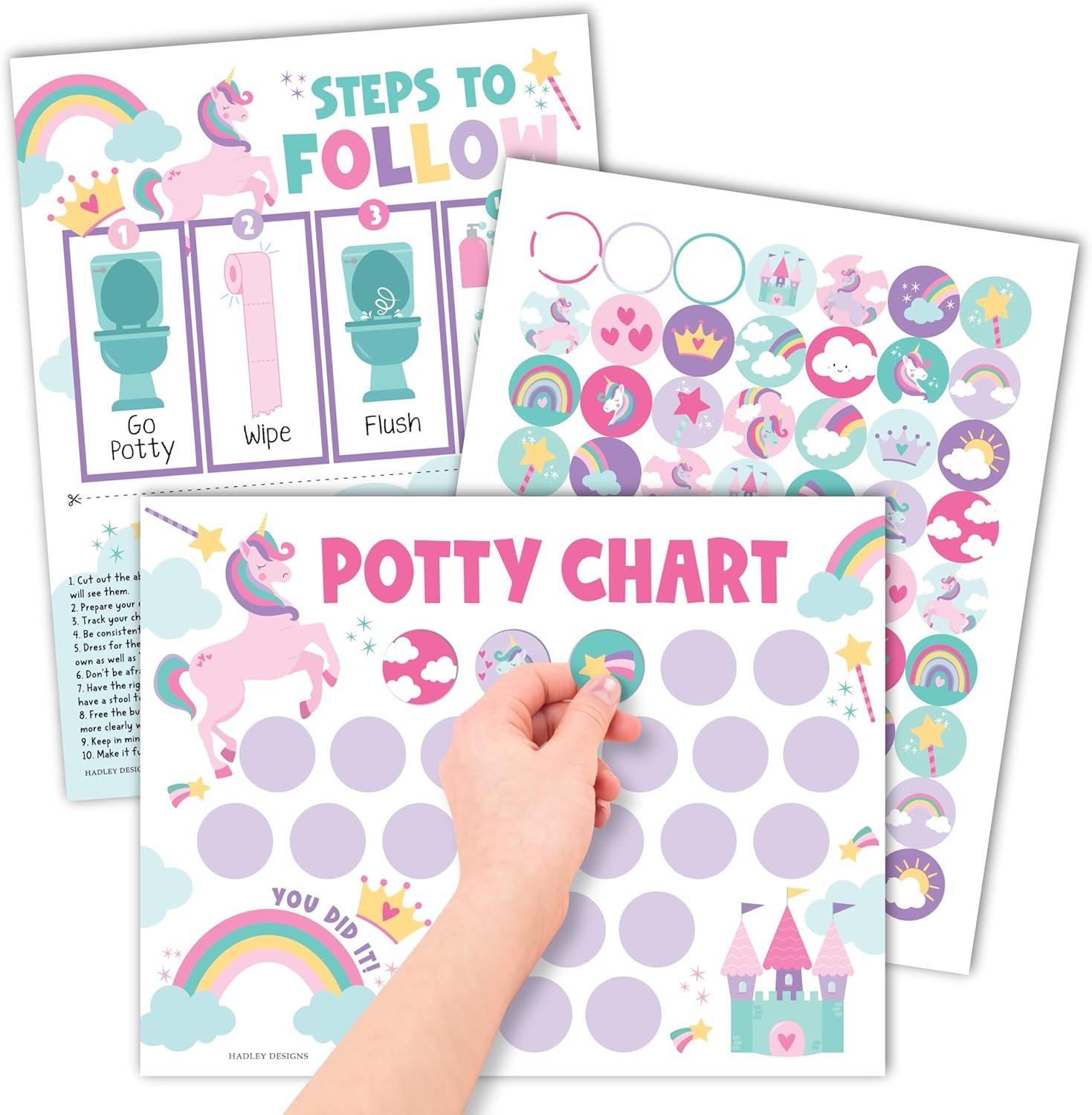 Hadley Designs Potty Training Chart for Toddlers Girls -10 Sticker Potty Chart for Toddlers Girls, 8.5x11" Potty Training Sticker Charts for Toilet Success, Unicorn Toddler Reward Chart for Kids