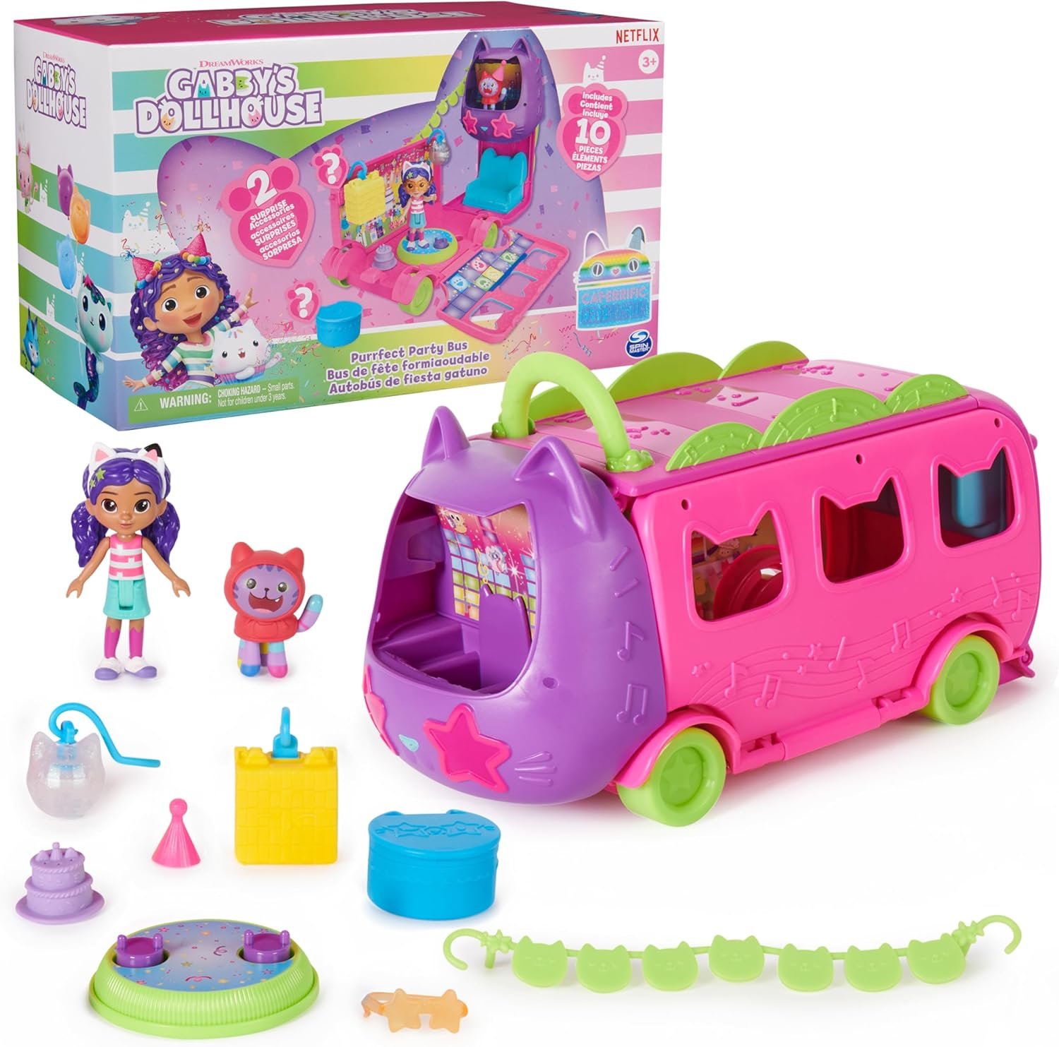 DreamWorks GABBY'S Dollhouse Celebration Party Bus, Transforming Playset with Gabby & DJ Catnip Toy Figures & Dollhouse Accessories, Kids Toys for Ages 3 and Up