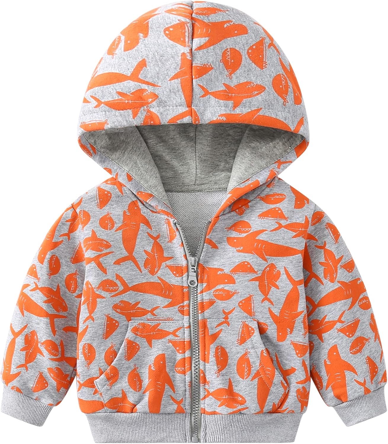 Baby Boy Hooded Zippin Jacket Cartoon Dinosaur Print Long Sleeve Hoodie Sweatshirt