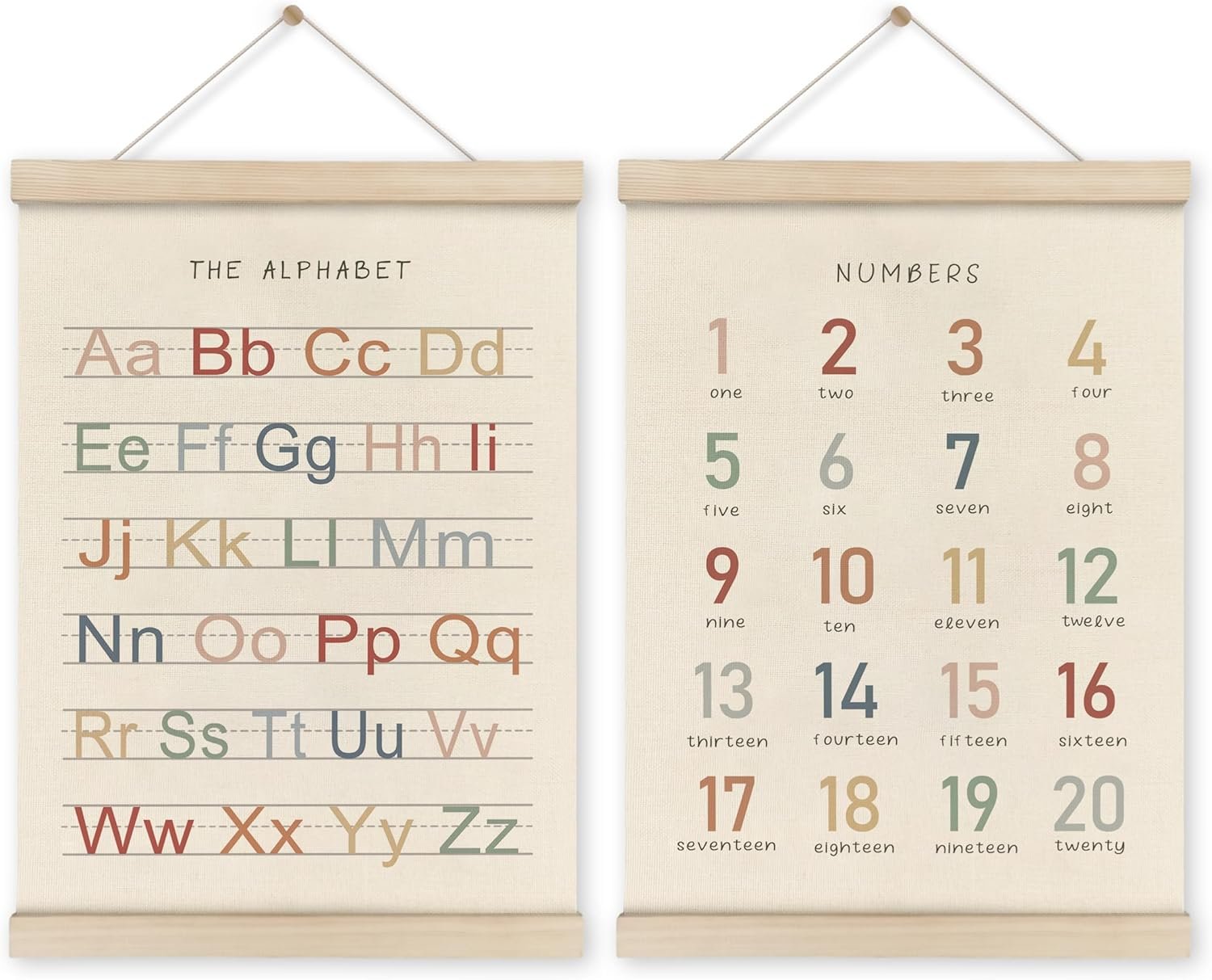 HRQKO Alphabet Numbers Poster Hanger Frame Set of 2, Nursery Wall Decor, ABC Banner Poster Wall Art with Wooden Frames, Alphabet Banner Wall Hanging Decor for Toddler Playroom Nursery, 12x16 Inch