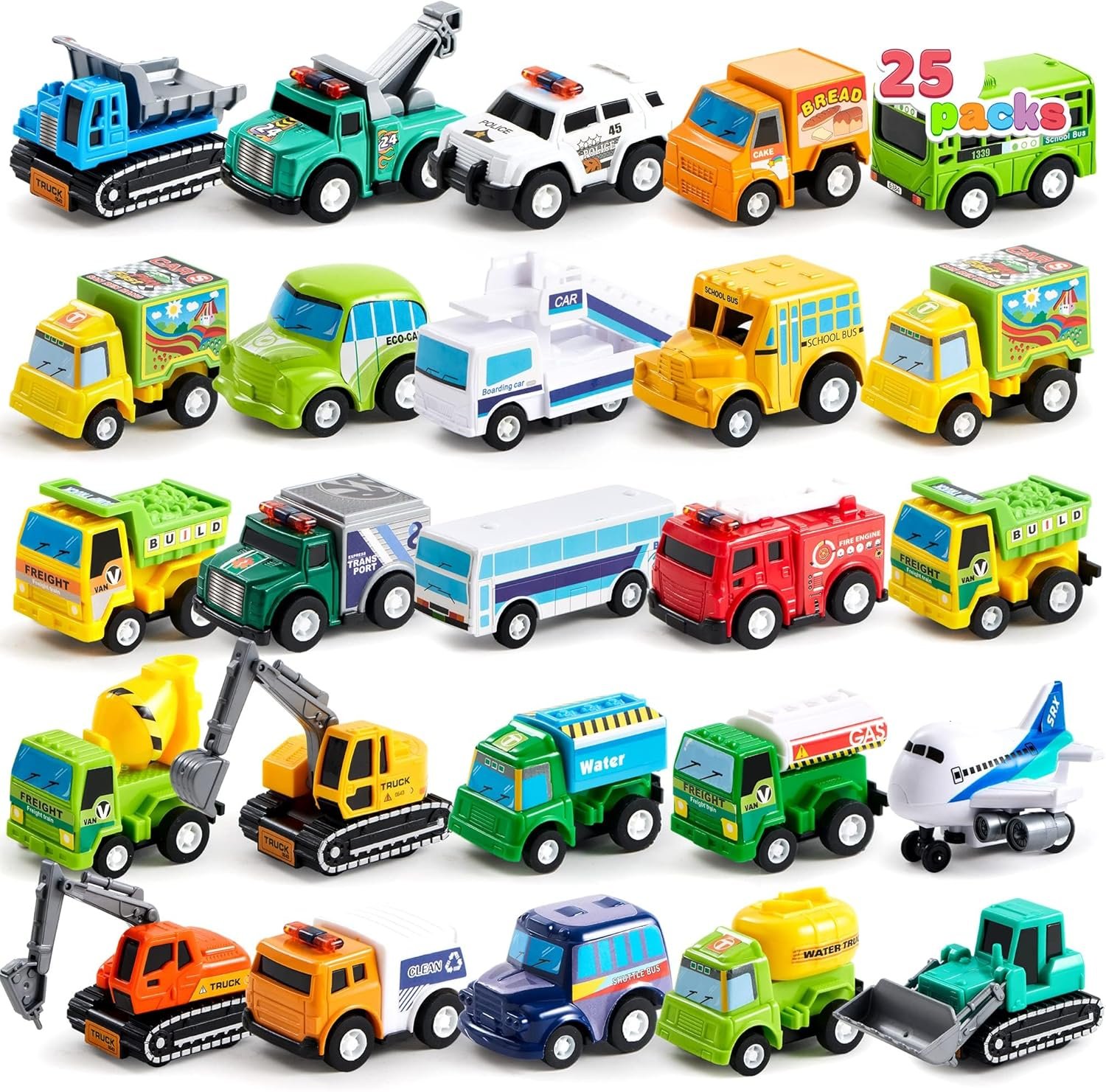 JOYIN 25 Pieces Pull Back Cars and Trucks Toy Vehicles Set for Toddlers, Girls and Boys Kids Play Set, Party Favors, School Gifts, Goodie Bags Stuffers for Kids, Christmas Birthday Gifts