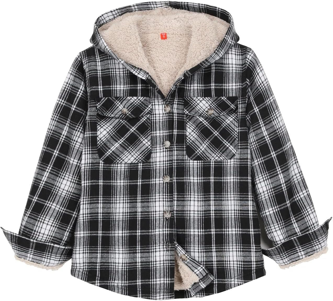 ZENTHACE Boys Sherpa Fleece Lined Flannel Plaid Button Down Shirt Jacket,Hooded Flannel Shirt with Hand Pockets