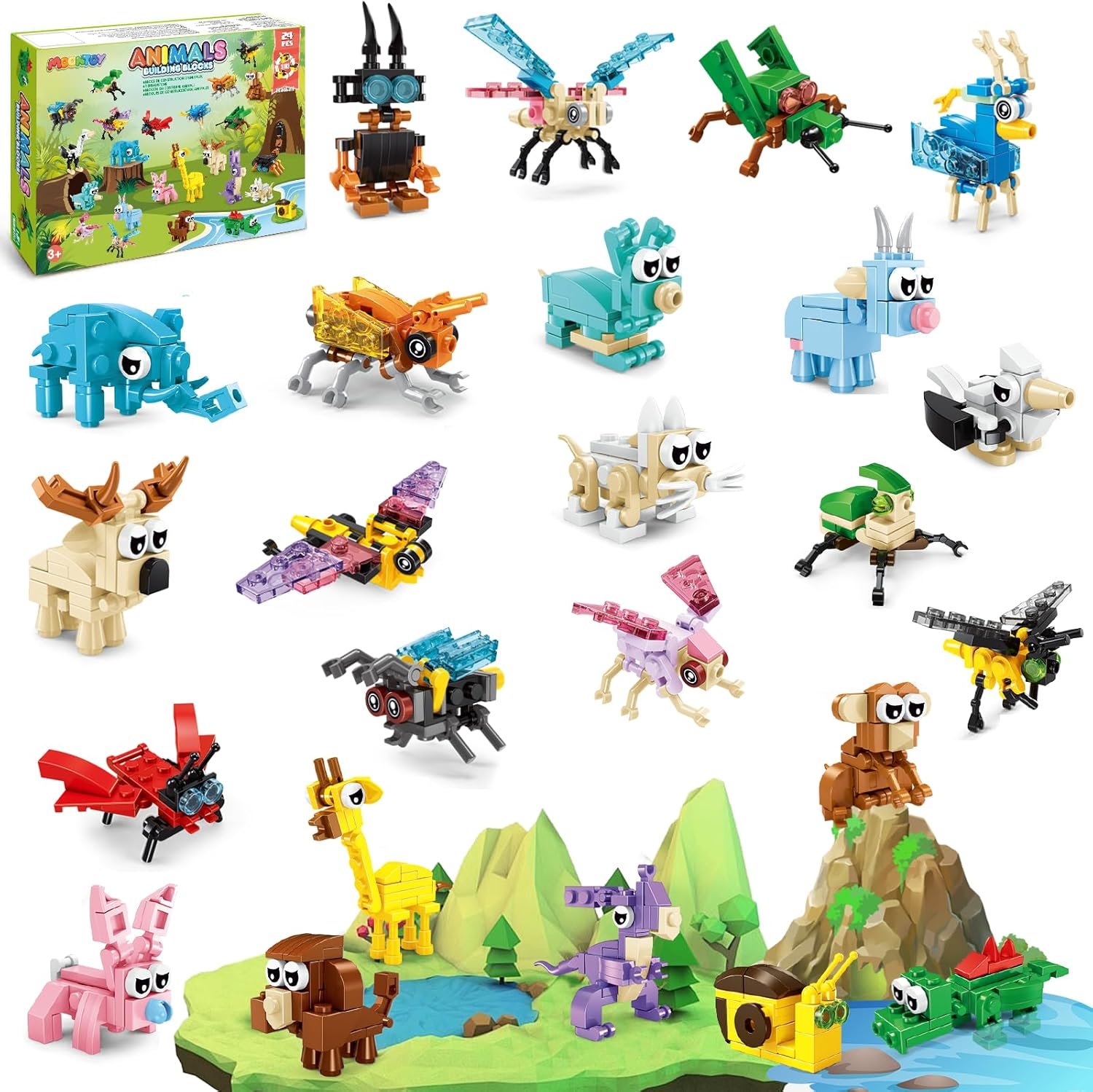 MOONTOY Party Favors for Kids, 24 Animals Building Blocks Toy for Advent Calendar Toys Goodie Bag Stuffers Valentines Day Gift Mini Building Set Party Favors for Birthday Gift for Boys Girls Ages 3+