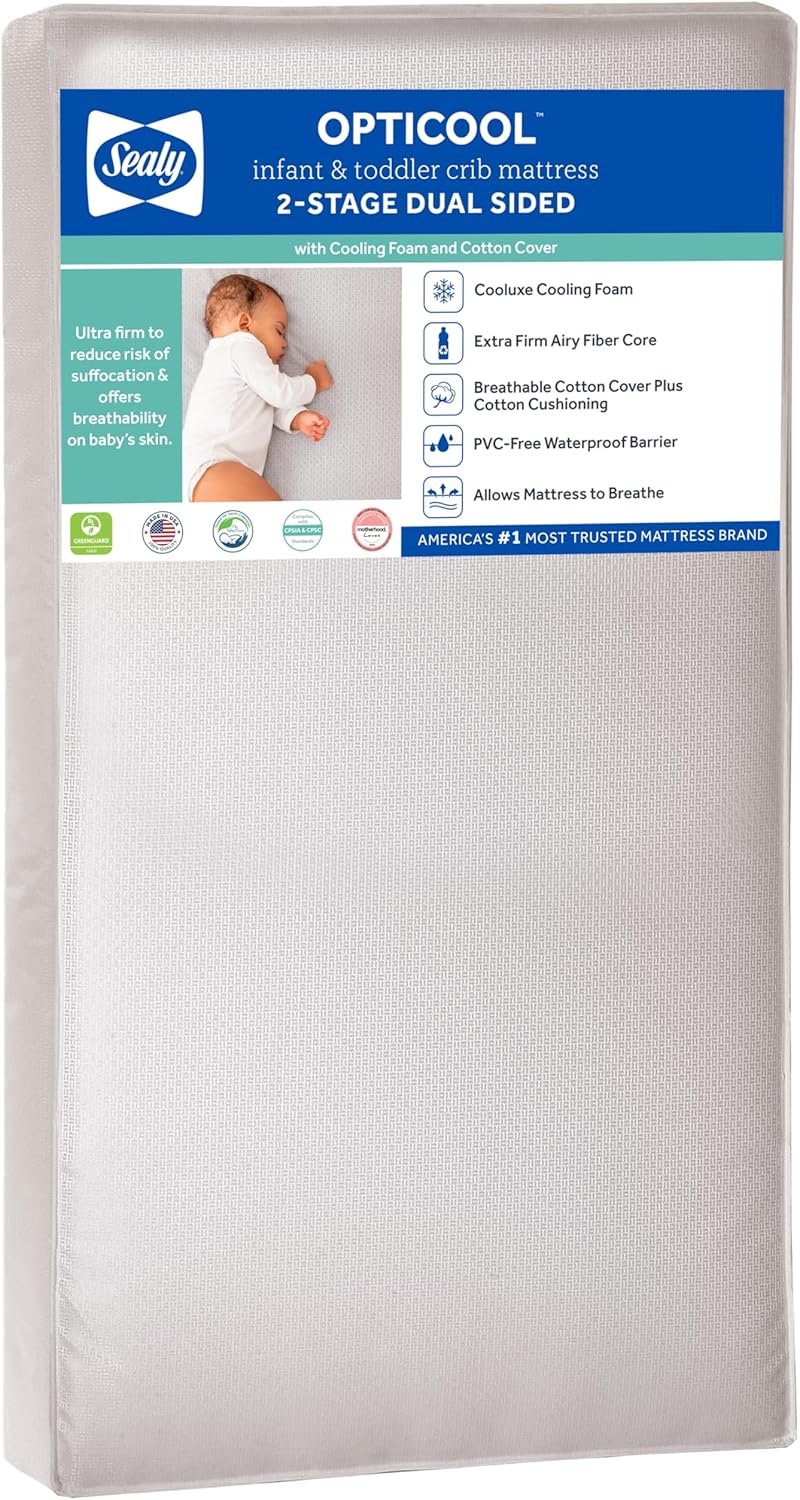 Sealy Baby OptiCool Breathable Crib Mattress, GREENGUARD GOLD Certified, Made in USA, Toddler Bed Fit, 2 Stage Cooling Memory Foam, Non Toxic, Airy Cotton Cover, Safety & Quality Tested, 52x28"