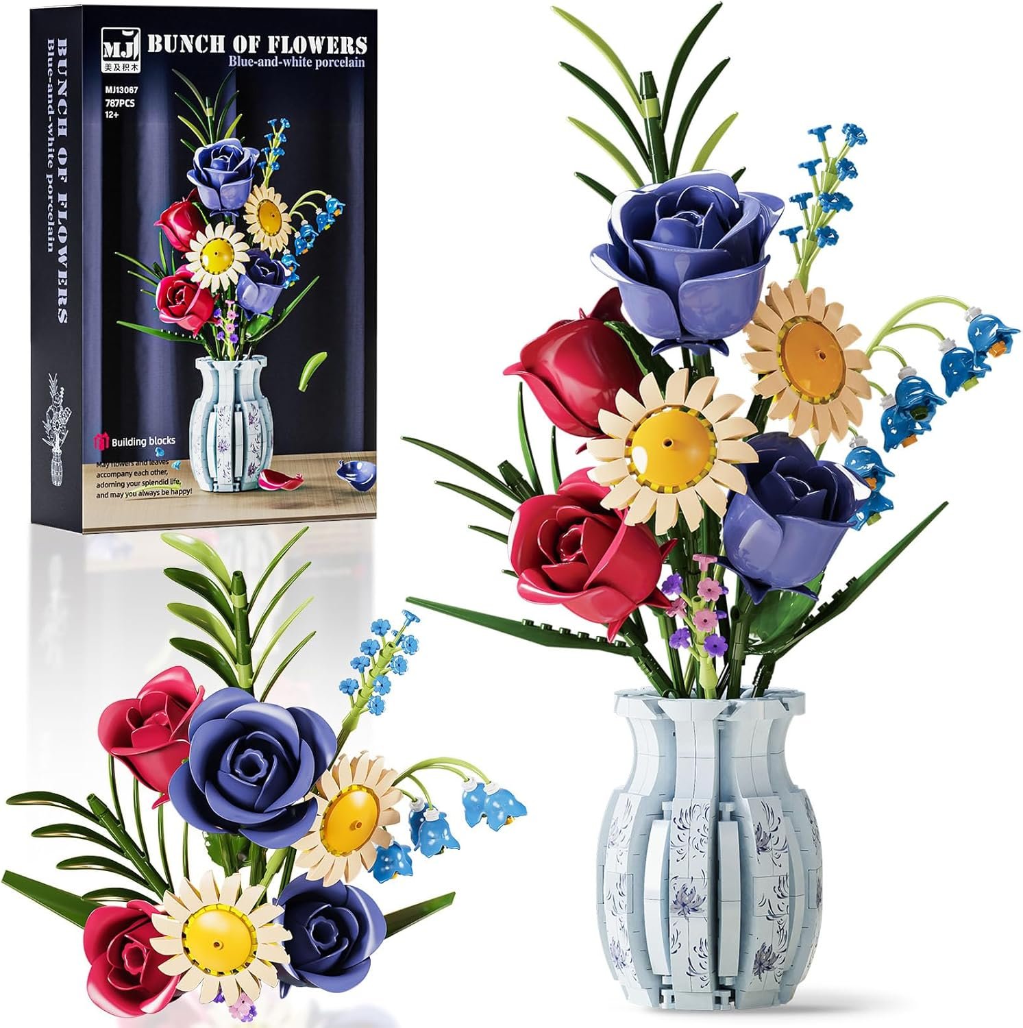Flowers Bouquet Building Blocks Set with Vase, Roses, Sunflower, Lily of The Valley for Adults, Teen Girls, Botanical Collection Home Décor, Office Decor, Gifts for Valentines Birthdays Mother's Day