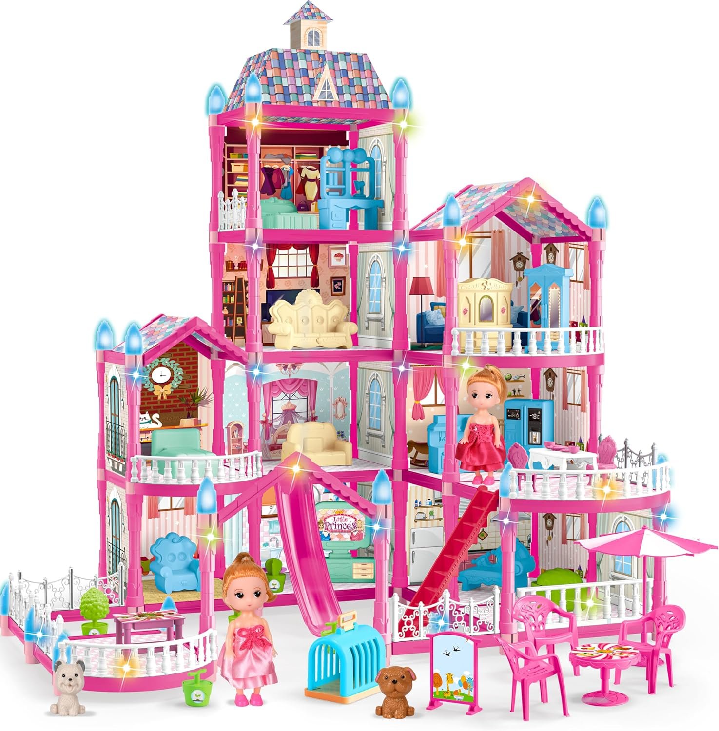 Doll House for Girls ,10 Rooms Pink Doll House with 2 Dolls, Lights, Puppies ,Furnitures, Accessories, Toddler Playhouse Gift for for 3 4 5 6 7 8 9 10 Year Old Girls Toys