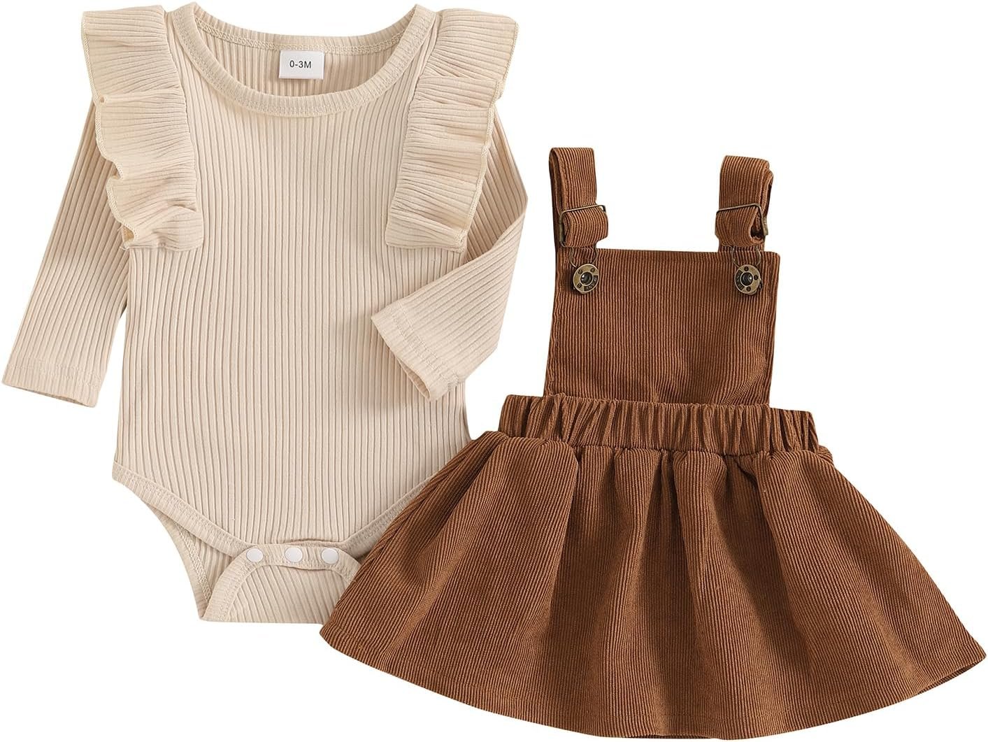 Newborn Baby Girl Outfits Ruffle Long Sleeve Ribbed Romper Corduroy Suspender Skirt Overall Dress Fall Clothes